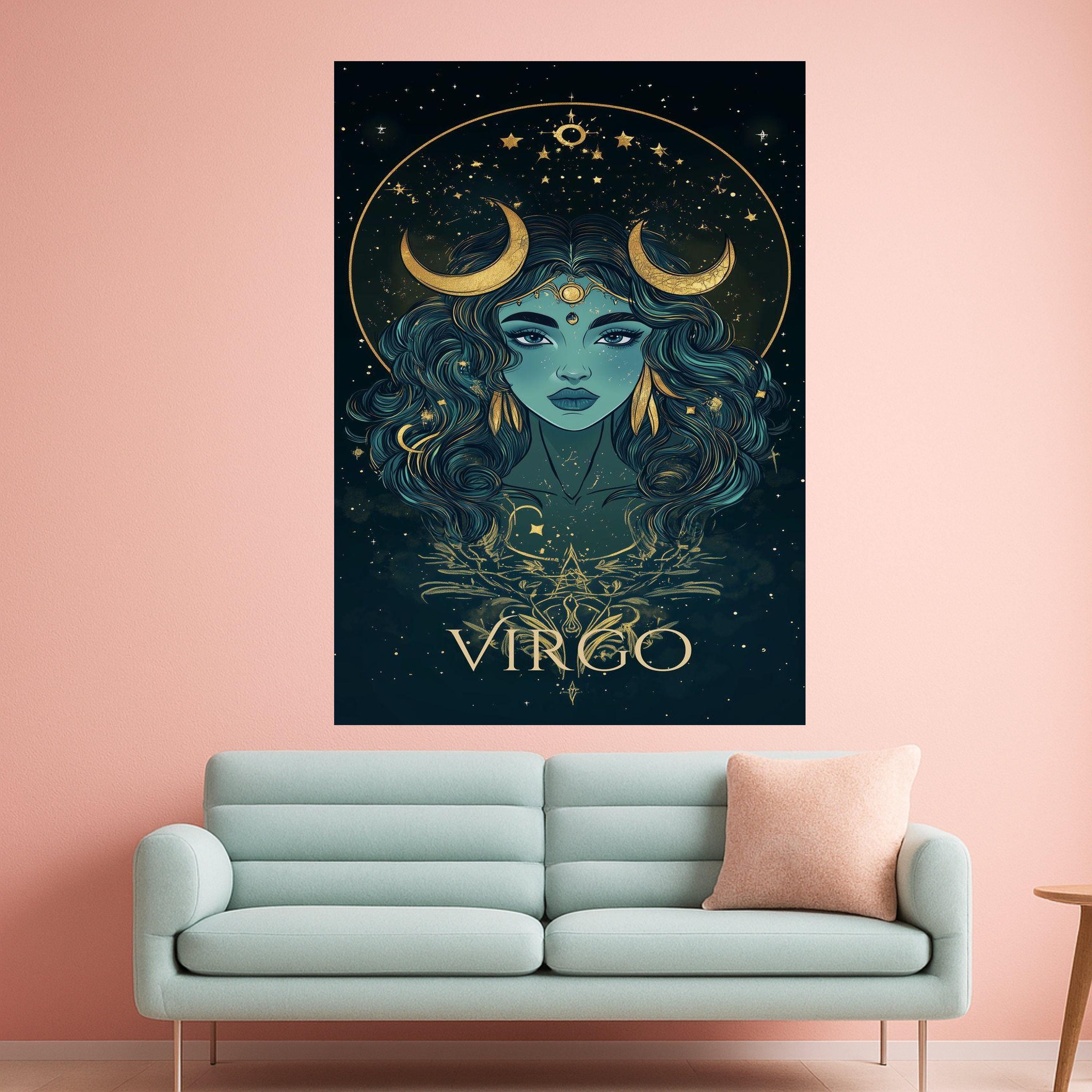 Virgo Zodiac Canvas Wall Art, Mystical Goddess Portrait, Astrological Sign Decor, Celestial Moon and Stars, Spiritual Wall Ready To Hang,