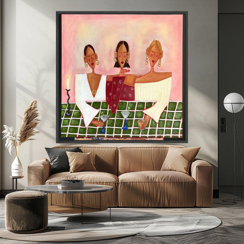Modern Abstract Women Canvas, Stylish Cocktail Party Scene, Contemporary Figurative Art, Colorful Social Gathering Wall Art, Ready To Hang,