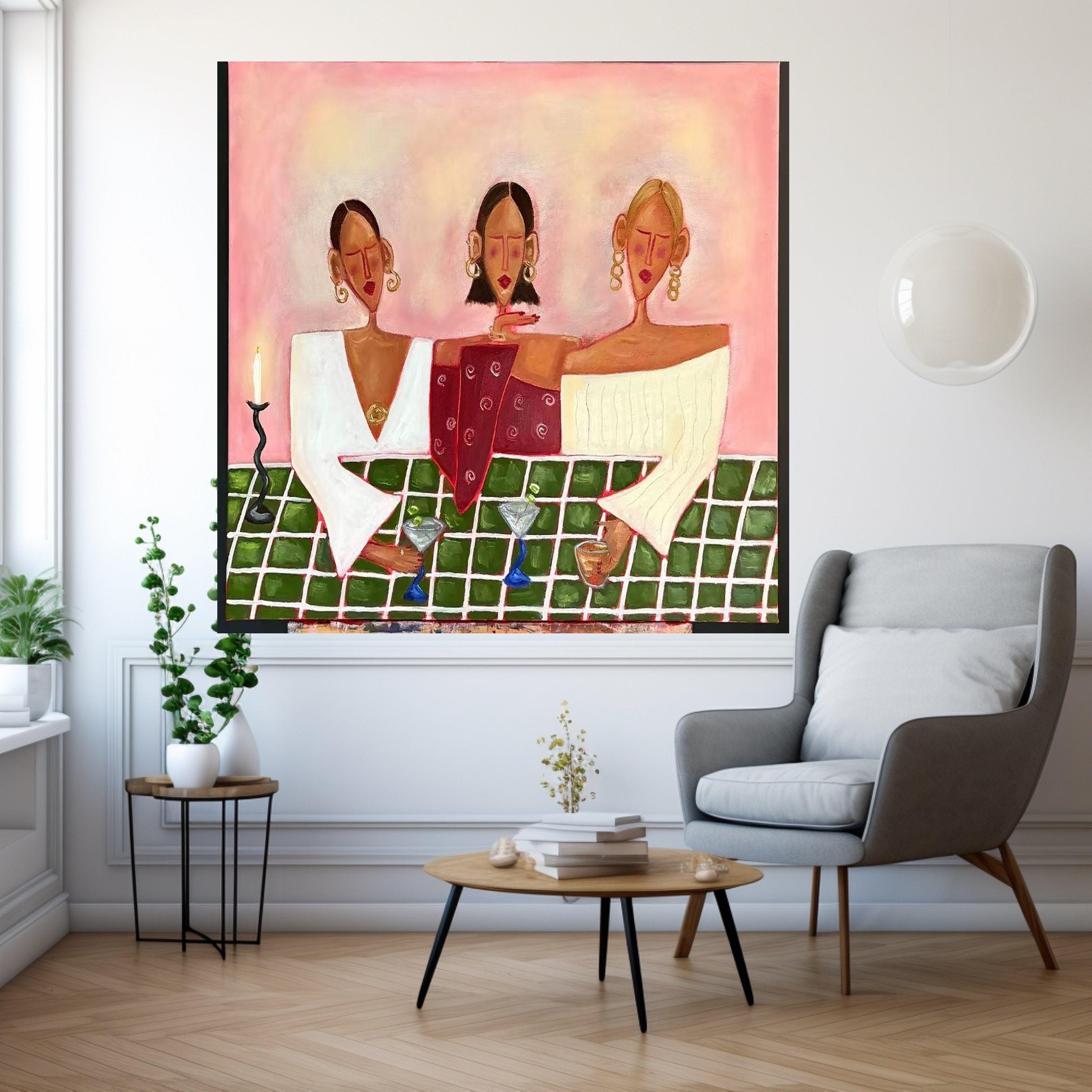 Modern Abstract Women Canvas, Stylish Cocktail Party Scene, Contemporary Figurative Art, Colorful Social Gathering Wall Art, Ready To Hang,