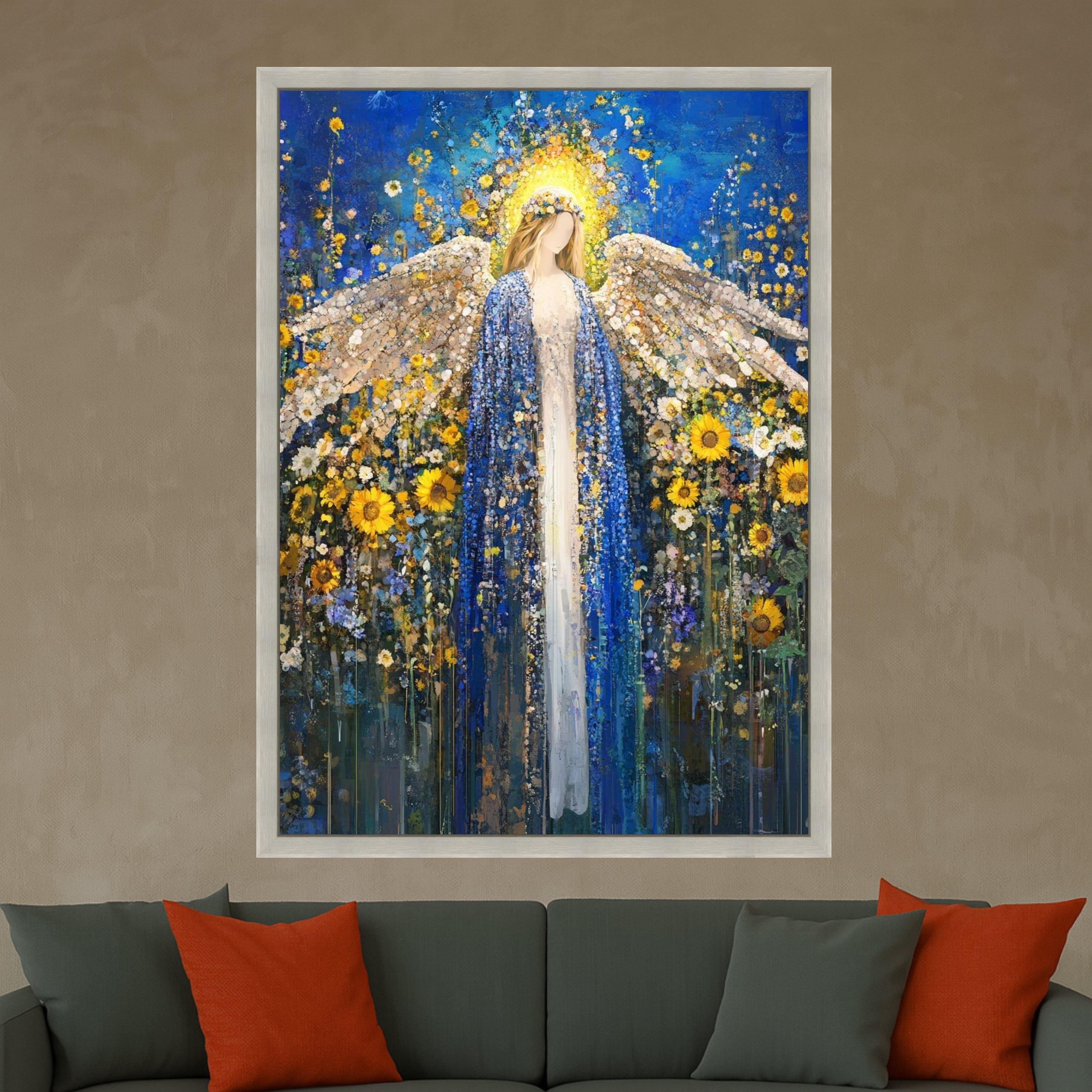Ethereal Angel Canvas Wall Art, Floral Blue Gold Painting, Sunflower Garden Decor, Spiritual Home Decoration, Heavenly Figure Ready To Hang,