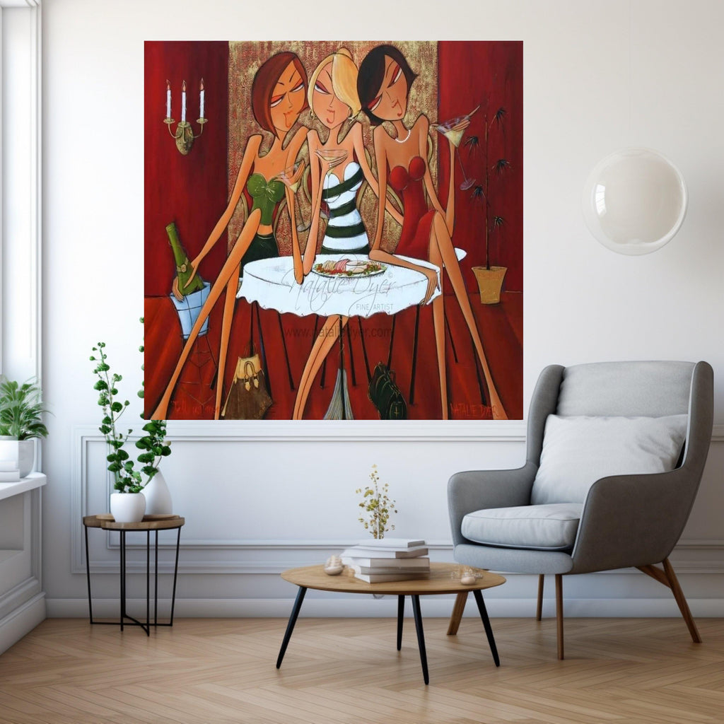 Stylish Ladies Night Out Canvas, Elegant Women Drinking Cocktails, Modern Social Scene Wall Art, Contemporary Party Ready To Hang,