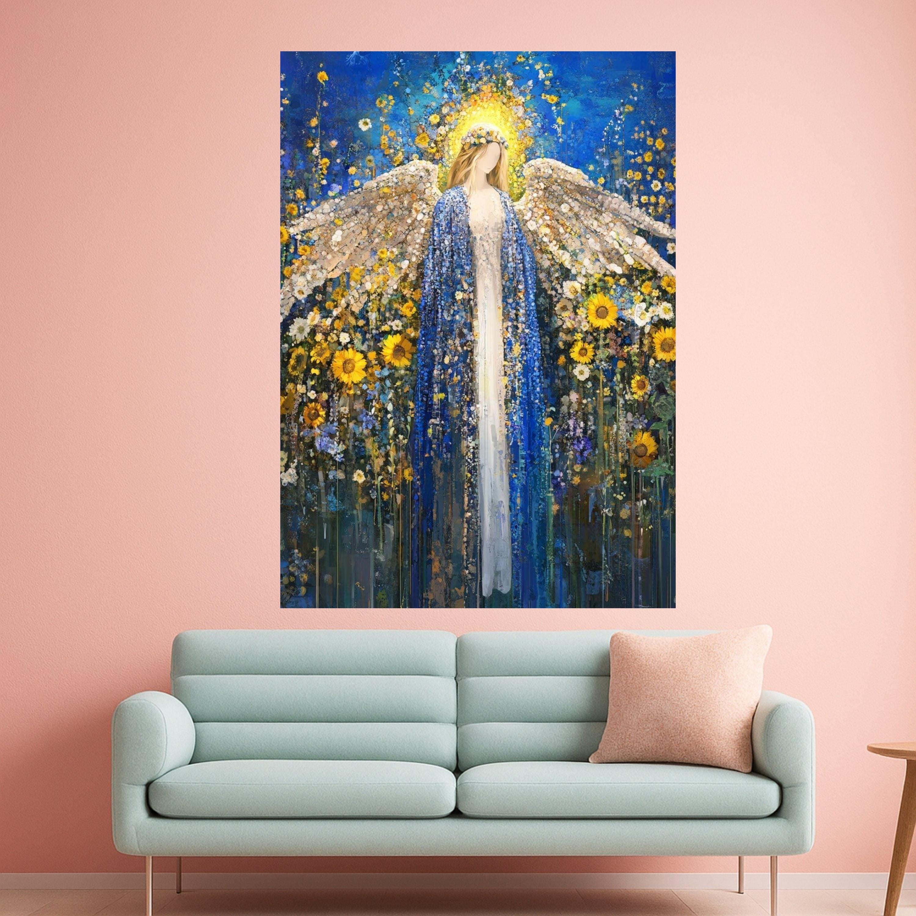 Ethereal Angel Canvas Wall Art, Floral Blue Gold Painting, Sunflower Garden Decor, Spiritual Home Decoration, Heavenly Figure Ready To Hang,