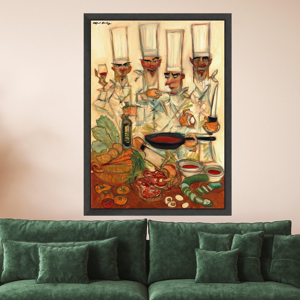 Whimsical Chef Gathering Canvas, Culinary Art Painting, Kitchen Wall Decor, Gourmet Food Illustration, Playful Cooking Scene Ready To Hang,
