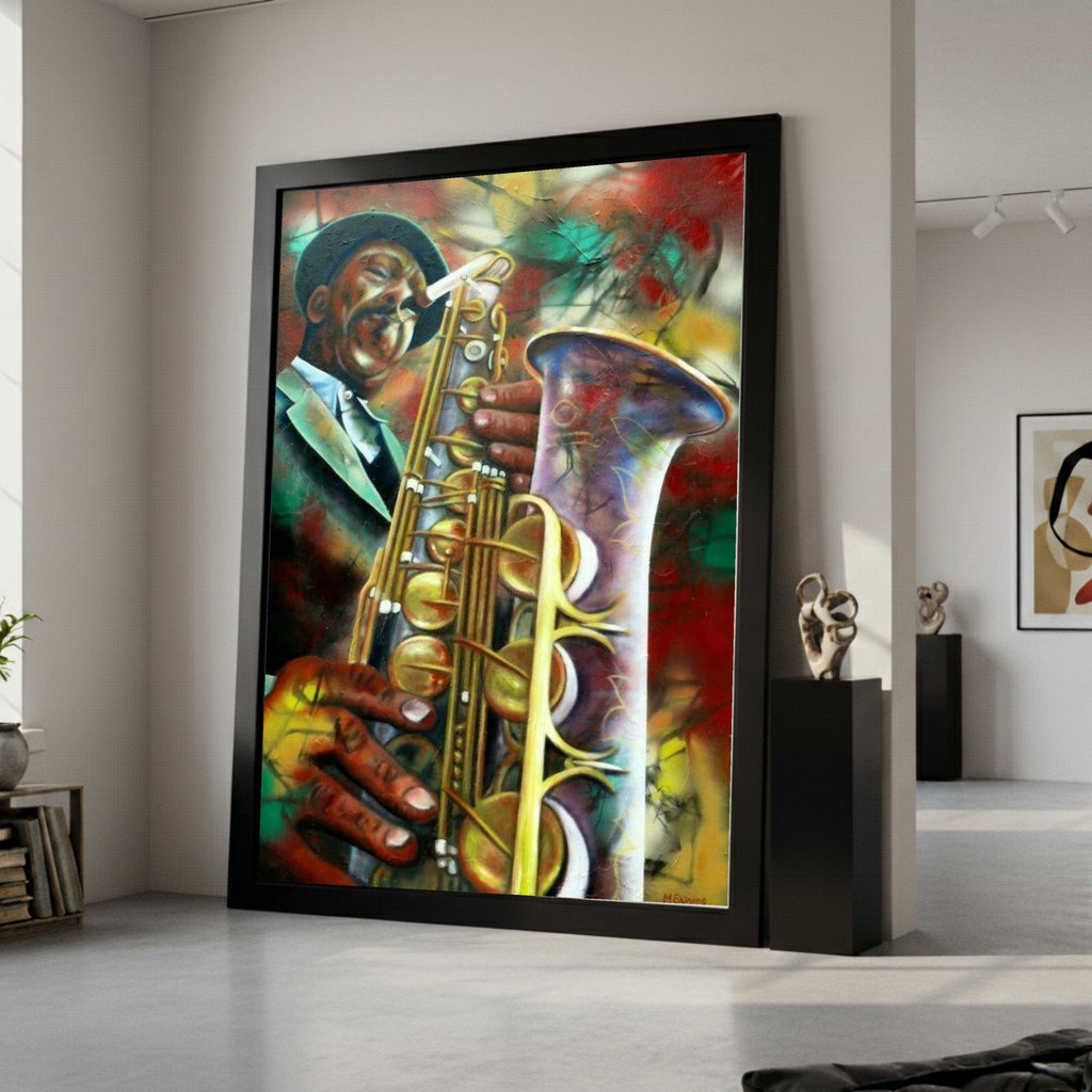 Vibrant Jazz Saxophone Player Canvas, Abstract Music Art, Colorful Musician Wall Decor, Urban Instrument Painting, Home Art Ready To Hang,