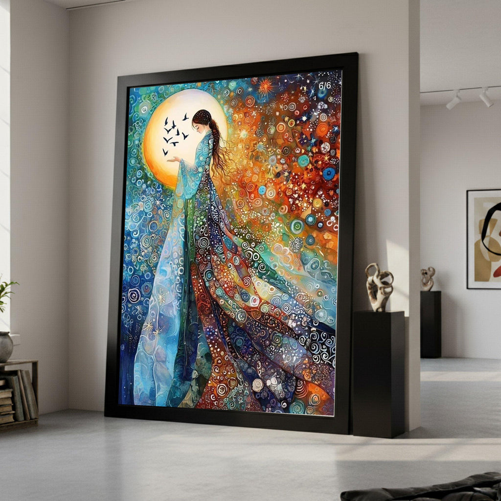 Enchanted Woman with Birds, Abstract Bohemian Canvas Wall Art, Colorful Swirling Pattern, Mystical Female Figure, Spiritual Ready To Hang,