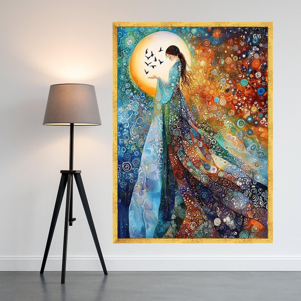 Enchanted Woman with Birds, Abstract Bohemian Canvas Wall Art, Colorful Swirling Pattern, Mystical Female Figure, Spiritual Ready To Hang,