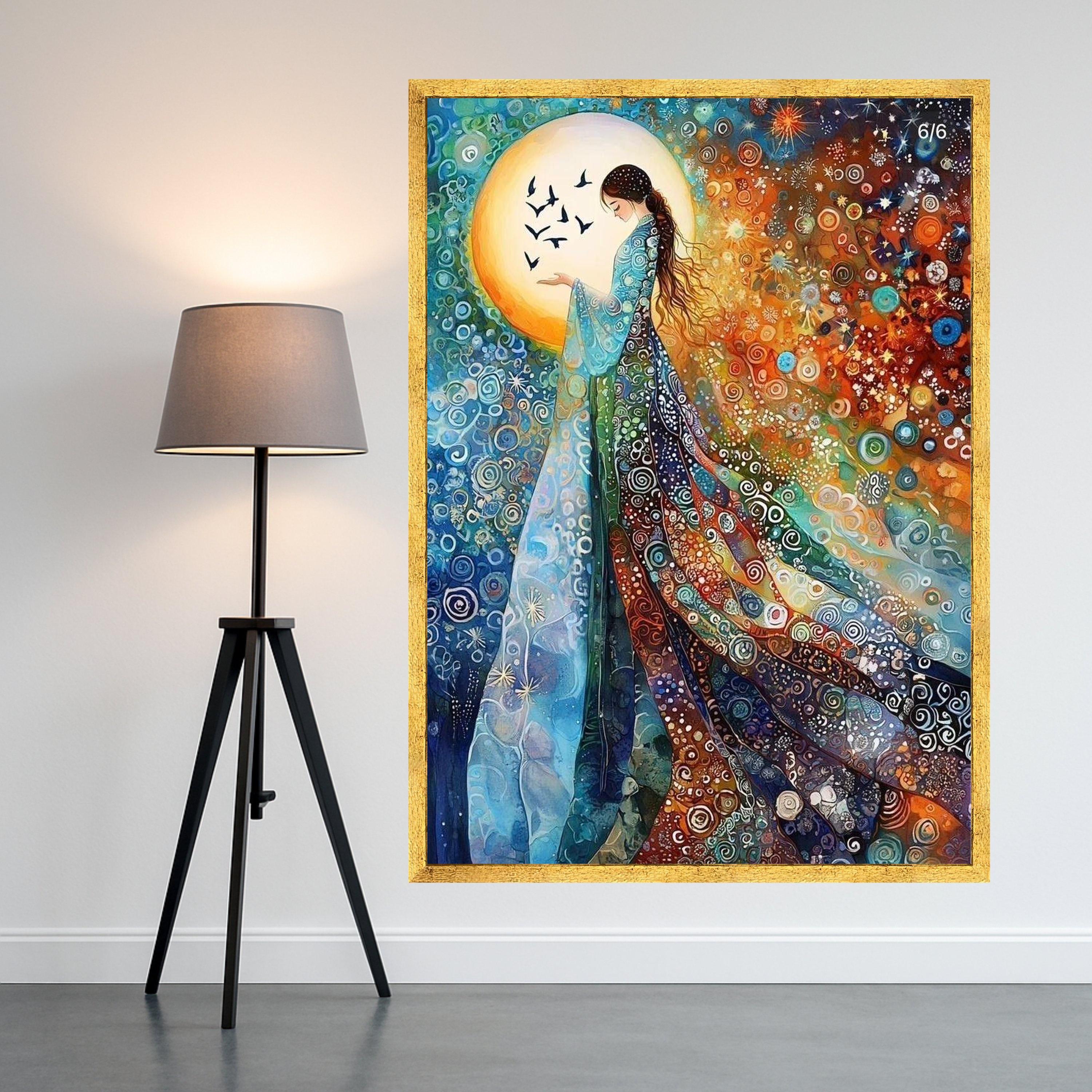 Enchanted Woman with Birds, Abstract Bohemian Canvas Wall Art, Colorful Swirling Pattern, Mystical Female Figure, Spiritual Ready To Hang,