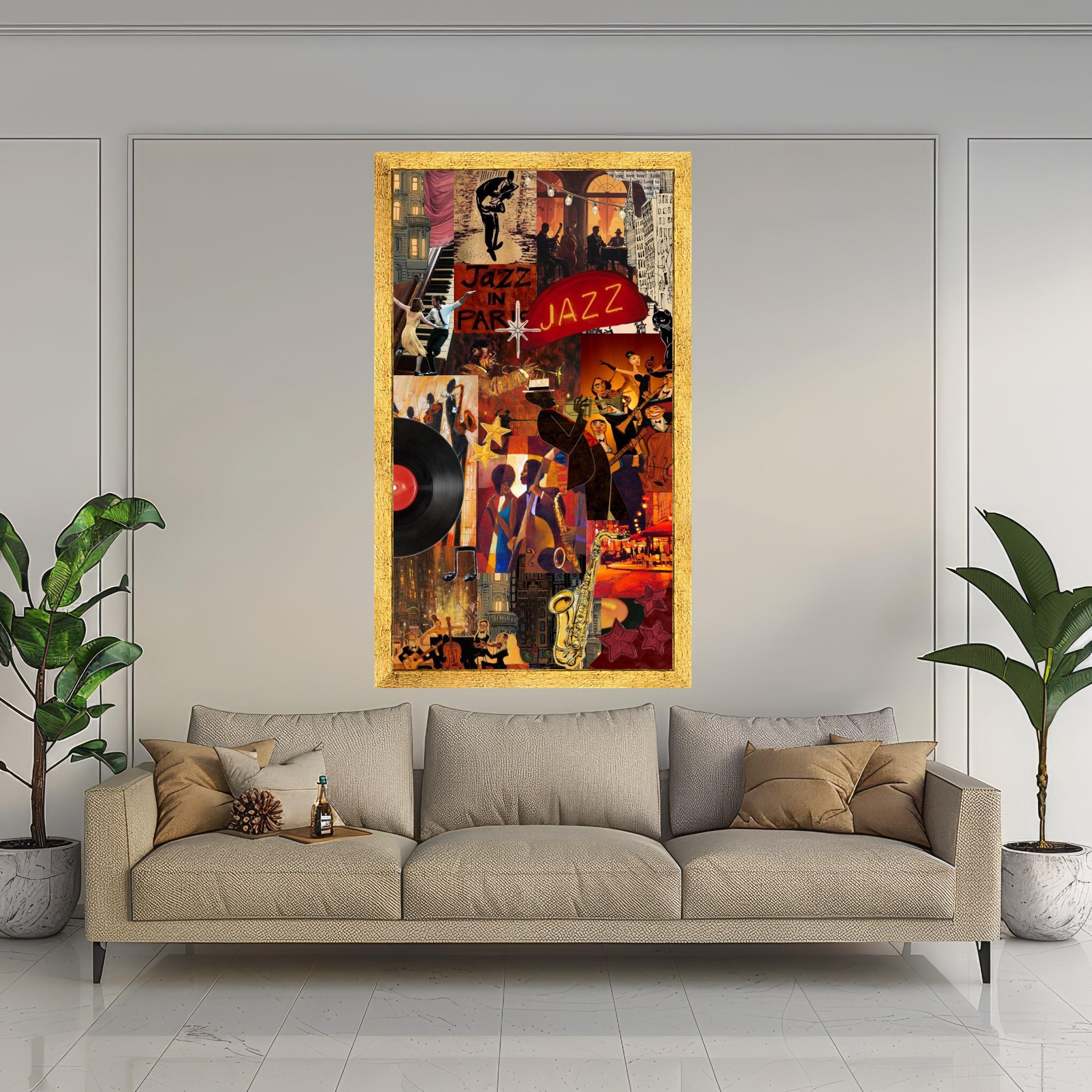 Vibrant Jazz Night Collage, Musical Instruments Canvas, Retro Vinyl Record Art, Jazz Dance Scene Wall Decor, Home Music Room Ready To Hang,