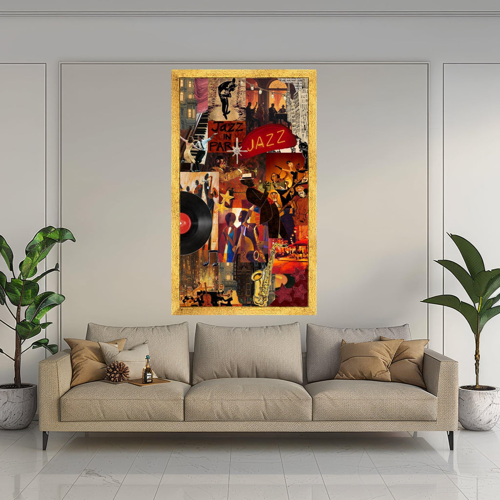 Vibrant Jazz Night Collage, Musical Instruments Canvas, Retro Vinyl Record Art, Jazz Dance Scene Wall Decor, Home Music Room Ready To Hang,