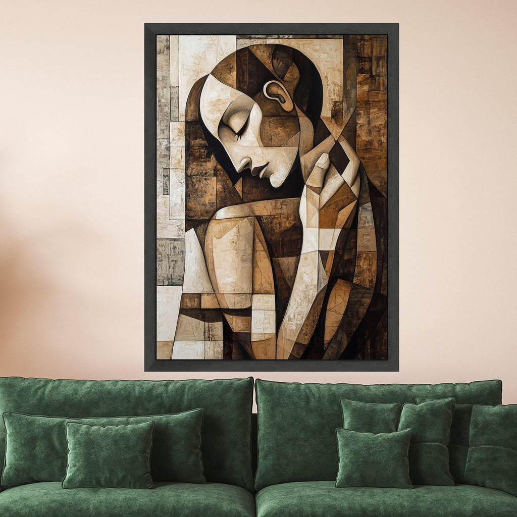 Abstract Woman Portrait Canvas Wall Art, Modern Cubism Style, Brown Tones Decorative Canvas, Contemporary Artistic Home Decor Ready To Hang,