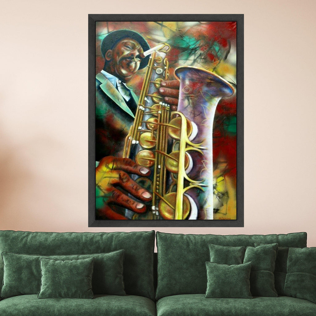 Vibrant Jazz Saxophone Player Canvas, Abstract Music Art, Colorful Musician Wall Decor, Urban Instrument Painting, Home Art Ready To Hang,