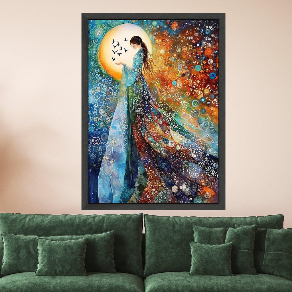 Enchanted Woman with Birds, Abstract Bohemian Canvas Wall Art, Colorful Swirling Pattern, Mystical Female Figure, Spiritual Ready To Hang,