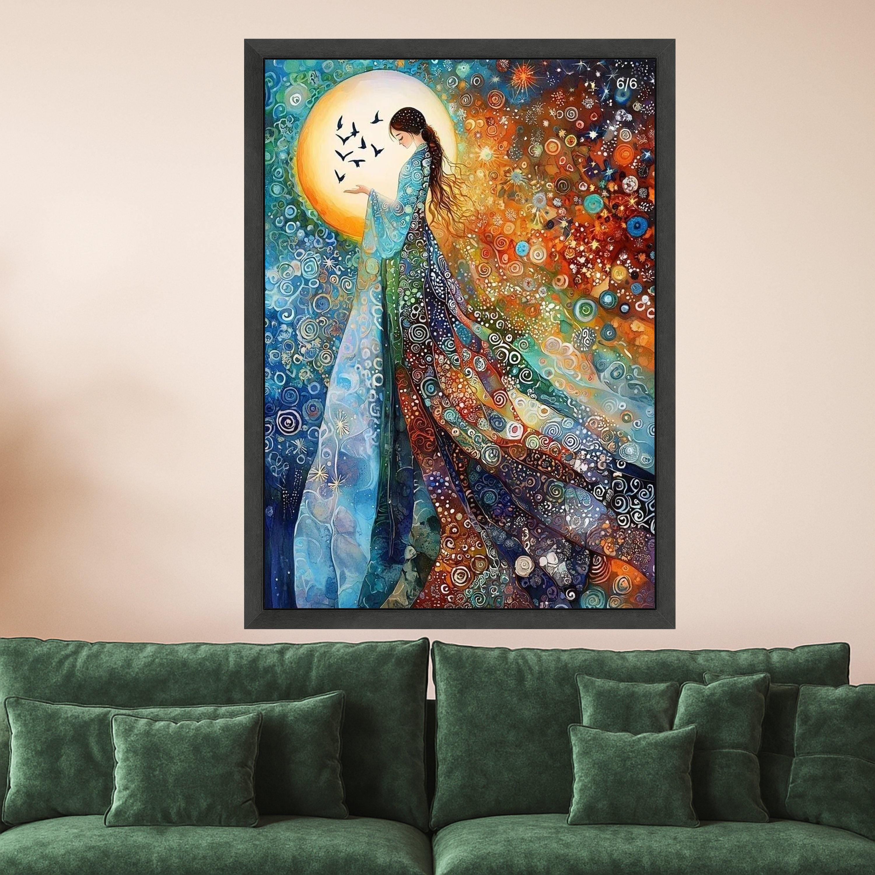 Enchanted Woman with Birds, Abstract Bohemian Canvas Wall Art, Colorful Swirling Pattern, Mystical Female Figure, Spiritual Ready To Hang,