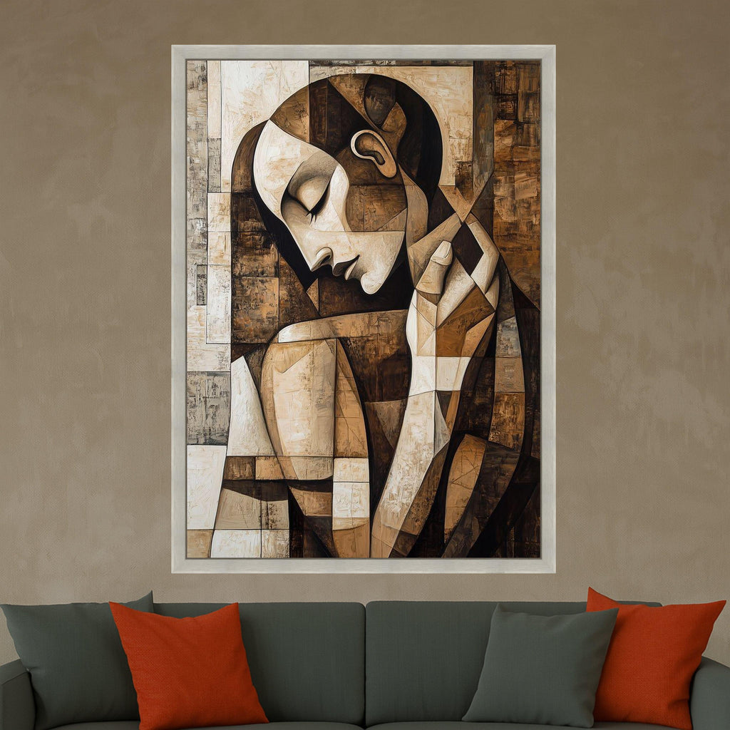 Abstract Woman Portrait Canvas Wall Art, Modern Cubism Style, Brown Tones Decorative Canvas, Contemporary Artistic Home Decor Ready To Hang,