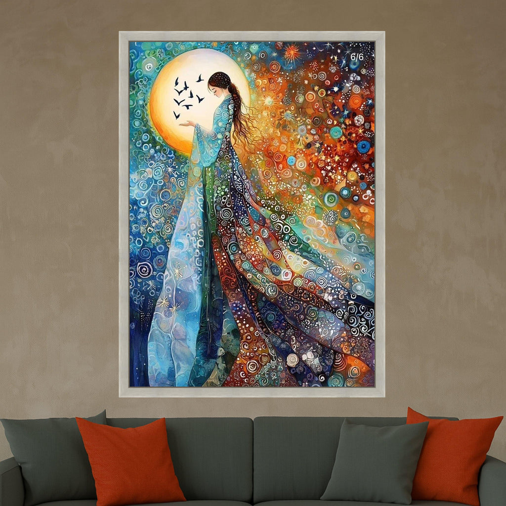 Enchanted Woman with Birds, Abstract Bohemian Canvas Wall Art, Colorful Swirling Pattern, Mystical Female Figure, Spiritual Ready To Hang,