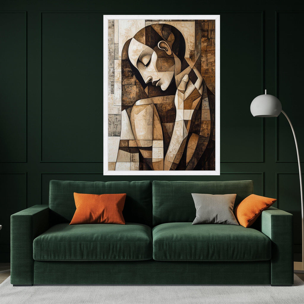 Abstract Woman Portrait Canvas Wall Art, Modern Cubism Style, Brown Tones Decorative Canvas, Contemporary Artistic Home Decor Ready To Hang,