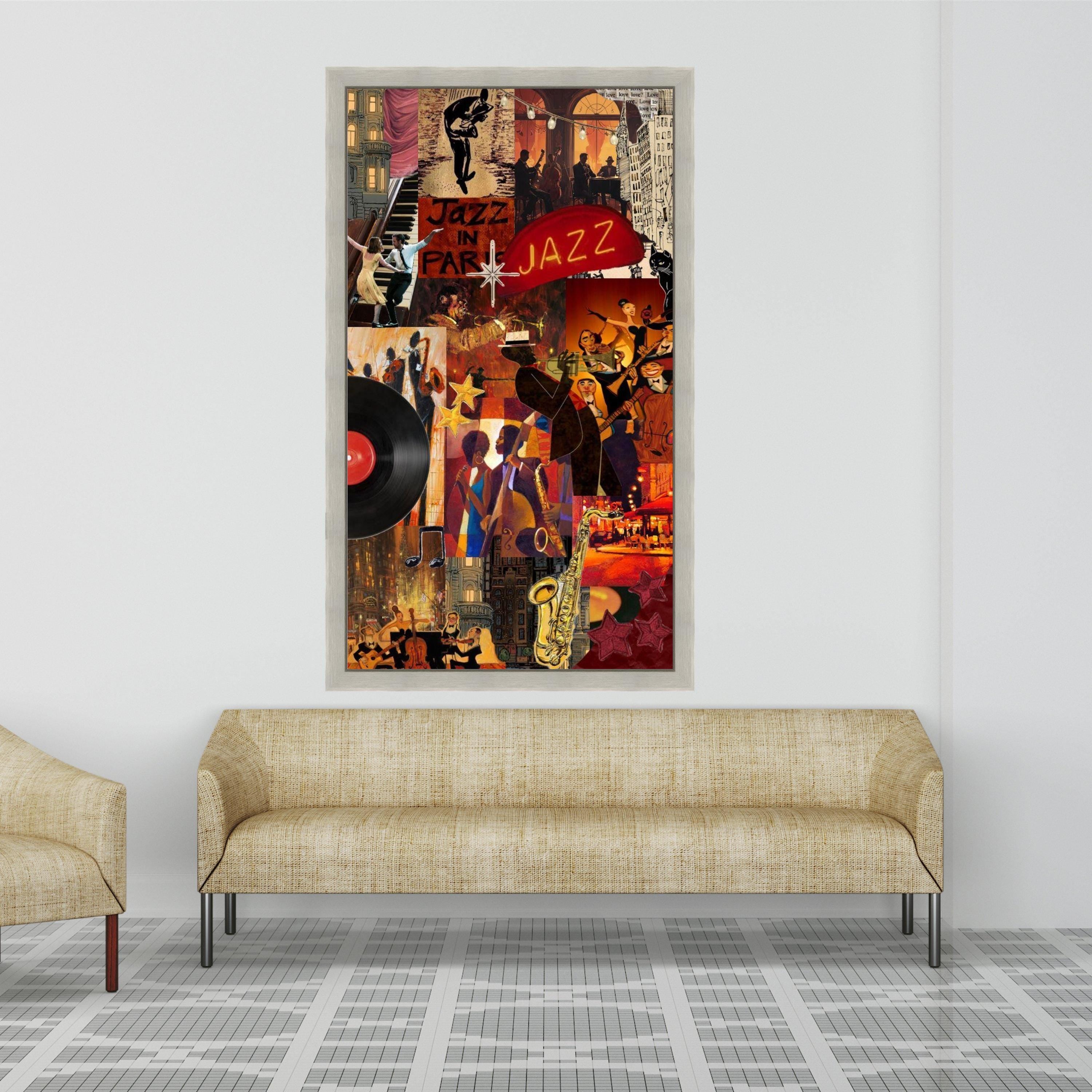 Vibrant Jazz Night Collage, Musical Instruments Canvas, Retro Vinyl Record Art, Jazz Dance Scene Wall Decor, Home Music Room Ready To Hang,