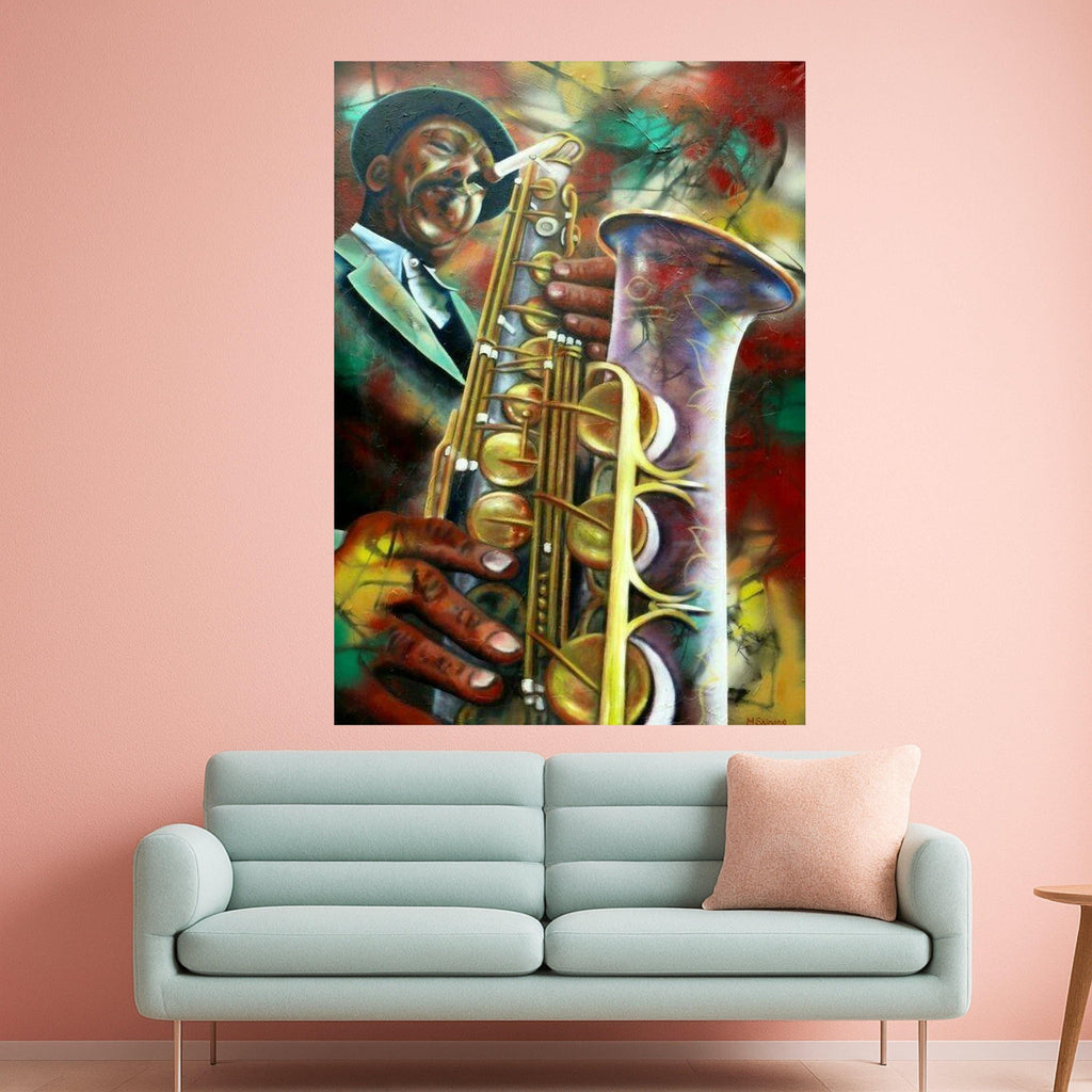 Vibrant Jazz Saxophone Player Canvas, Abstract Music Art, Colorful Musician Wall Decor, Urban Instrument Painting, Home Art Ready To Hang,