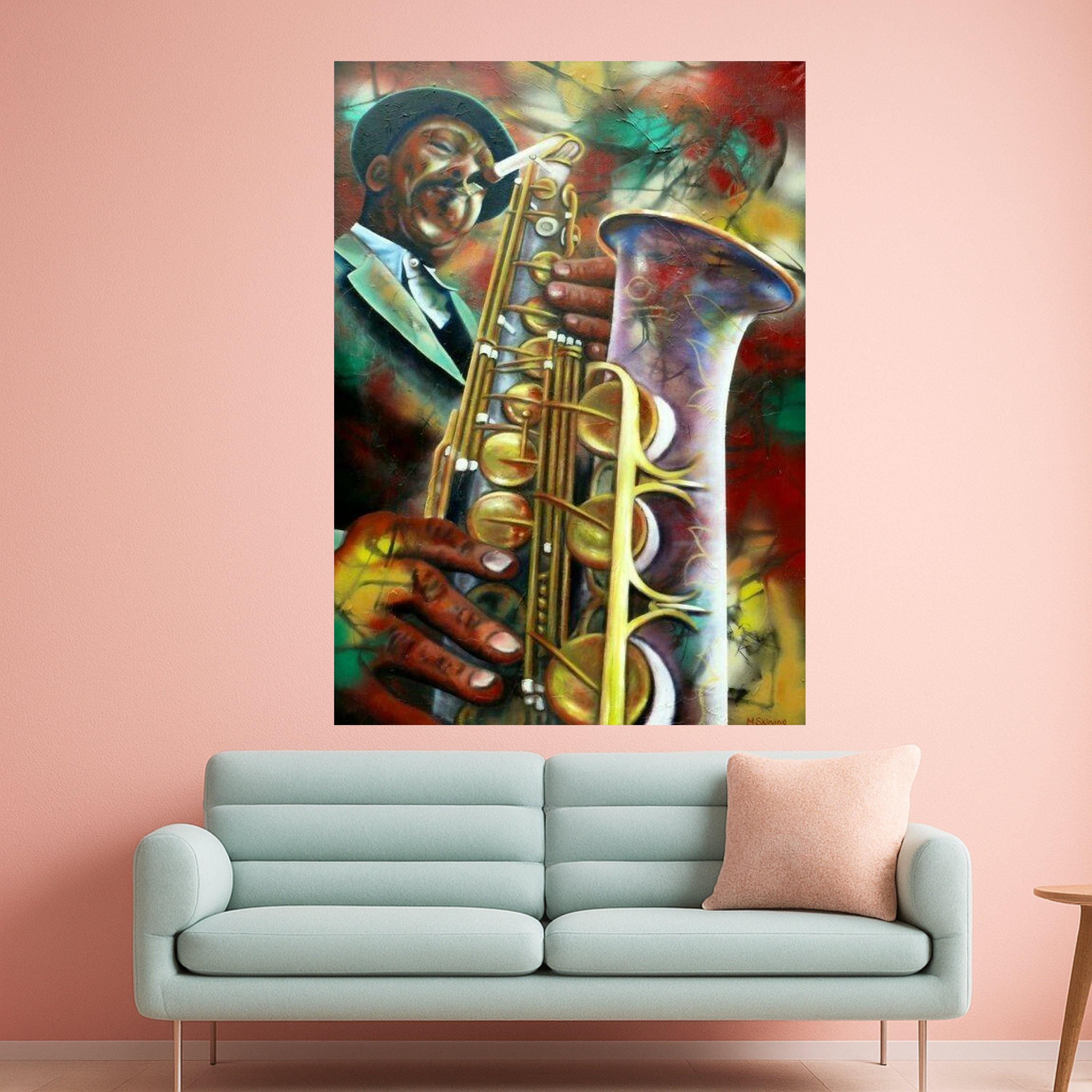 Vibrant Jazz Saxophone Player Canvas, Abstract Music Art, Colorful Musician Wall Decor, Urban Instrument Painting, Home Art Ready To Hang,