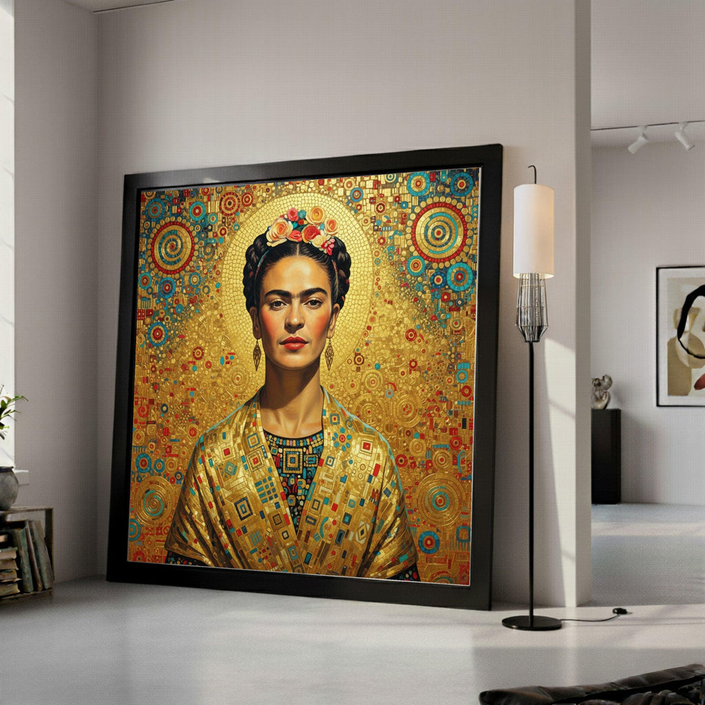 Frida Kahlo Portrait Canvas Wall Art, Golden Geometric Background, Modern Iconic Mexican Art, Vibrant Cultural Canvas Ready To Hang,