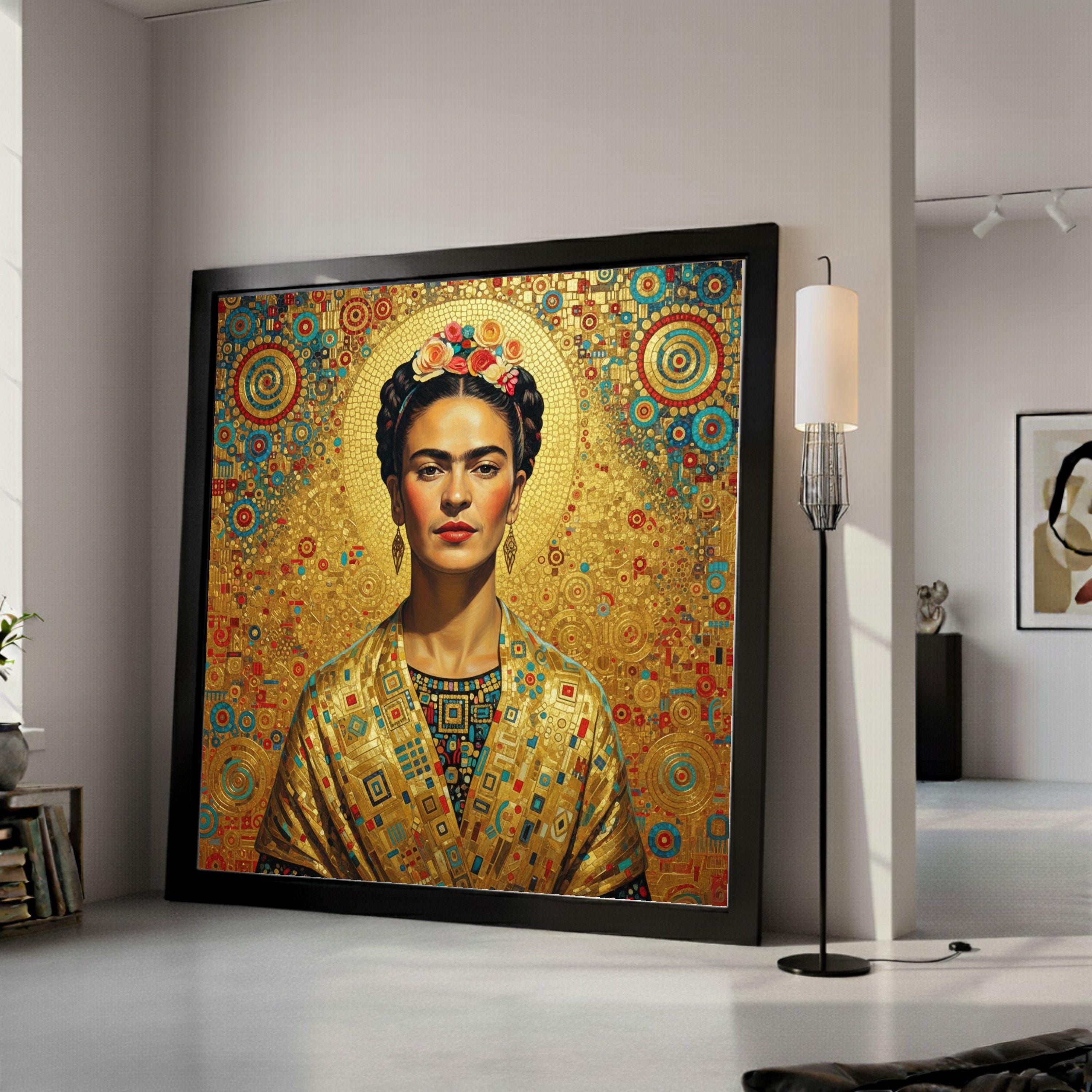 Frida Kahlo Portrait Canvas Wall Art, Golden Geometric Background, Modern Iconic Mexican Art, Vibrant Cultural Canvas Ready To Hang,