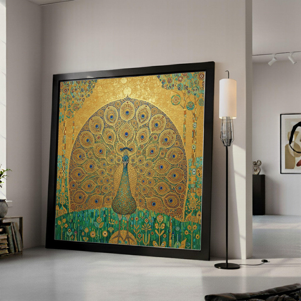 Golden Peacock Canvas Wall Art, Ornate Bird Illustration, Artistic Wildlife Decor, Decorative Nature Print, Elegant Home Wall Ready To Hang,