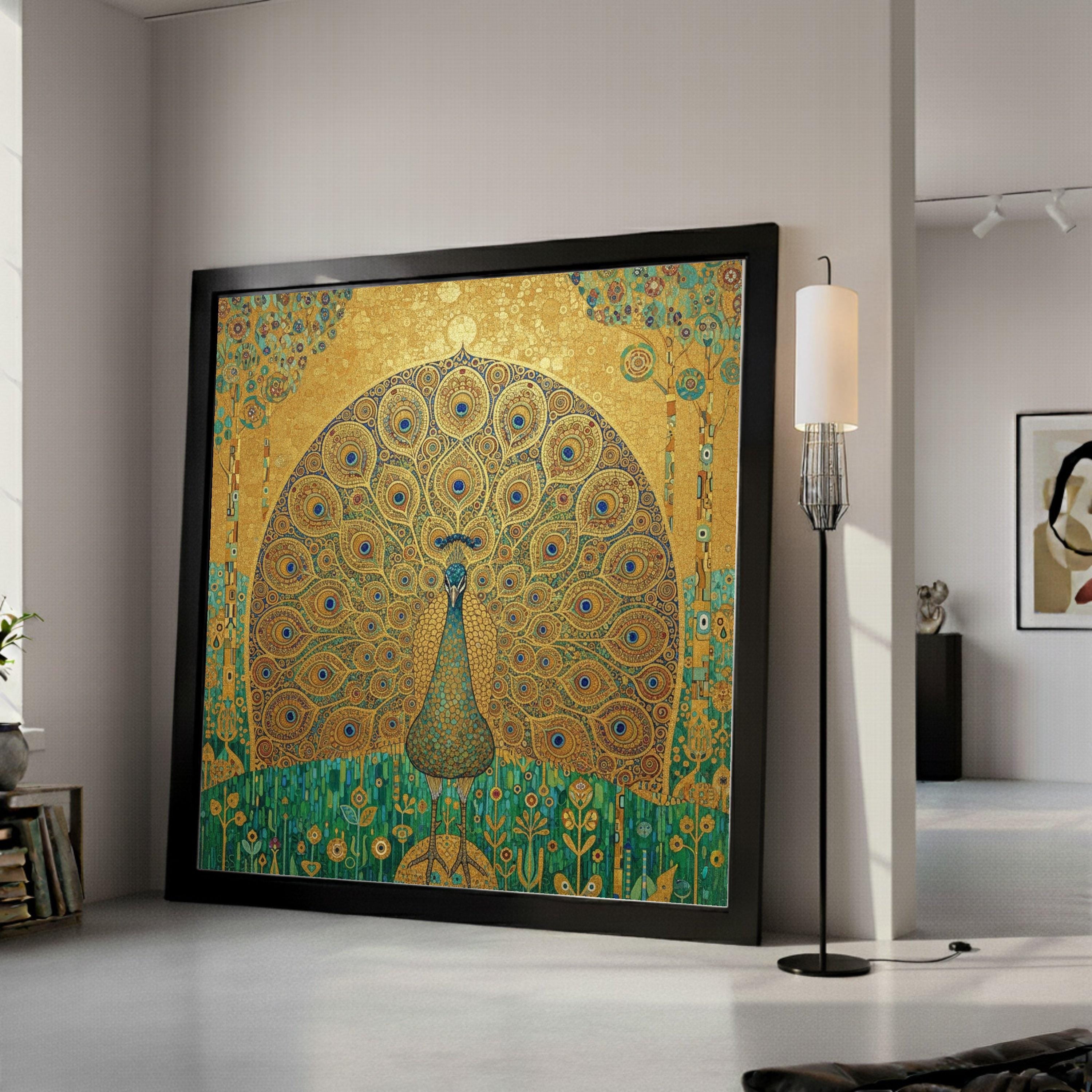 Golden Peacock Canvas Wall Art, Ornate Bird Illustration, Artistic Wildlife Decor, Decorative Nature Print, Elegant Home Wall Ready To Hang,