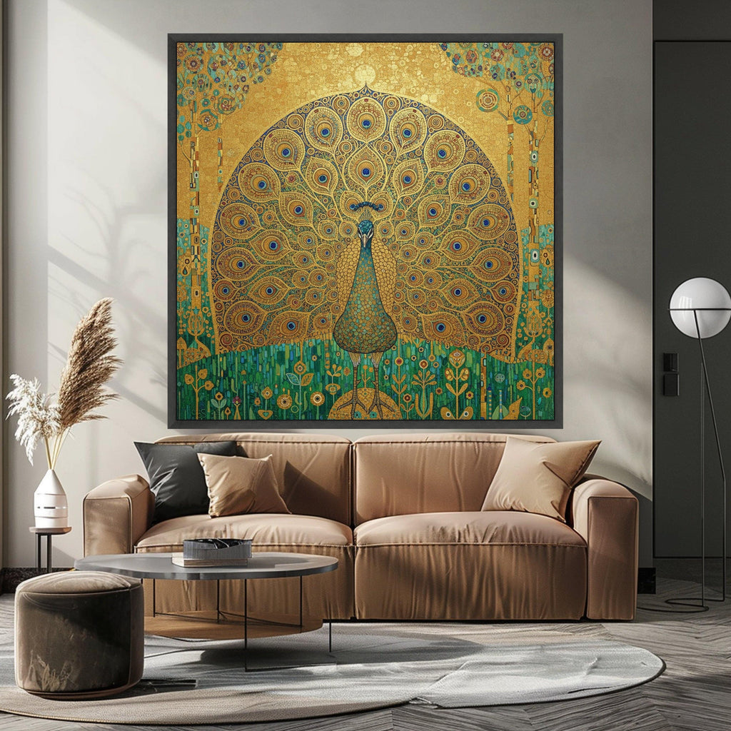 Golden Peacock Canvas Wall Art, Ornate Bird Illustration, Artistic Wildlife Decor, Decorative Nature Print, Elegant Home Wall Ready To Hang,