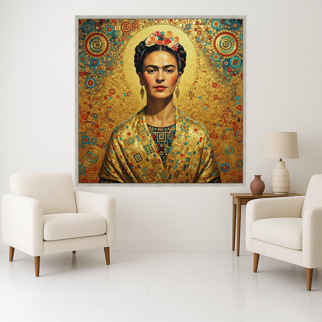Frida Kahlo Portrait Canvas Wall Art, Golden Geometric Background, Modern Iconic Mexican Art, Vibrant Cultural Canvas Ready To Hang,
