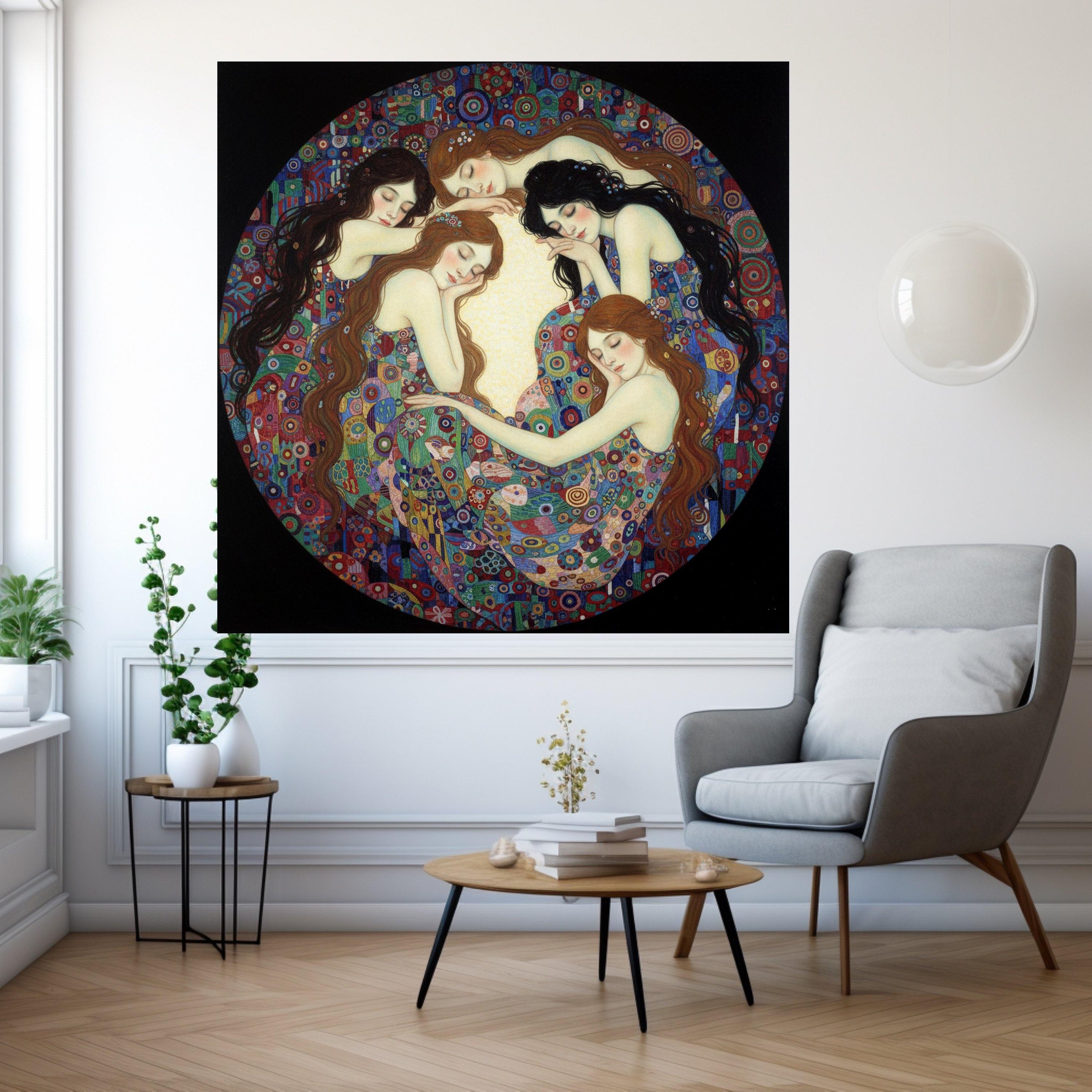 Dreaming Women Circle Canvas Wall Art, Colorful Abstract Pattern, Bohemian Home Decor, Feminine Bedroom Canvas, Artistic Wall Ready To Hang,