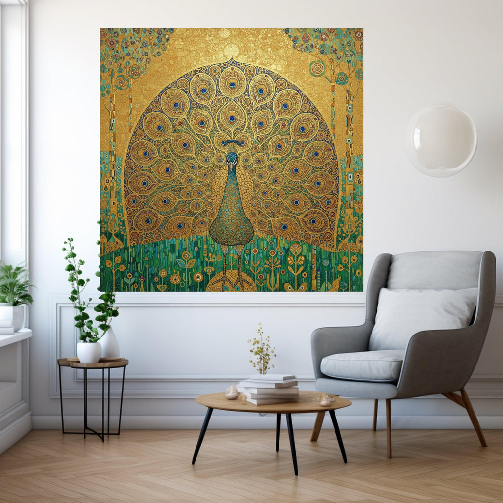 Golden Peacock Canvas Wall Art, Ornate Bird Illustration, Artistic Wildlife Decor, Decorative Nature Print, Elegant Home Wall Ready To Hang,