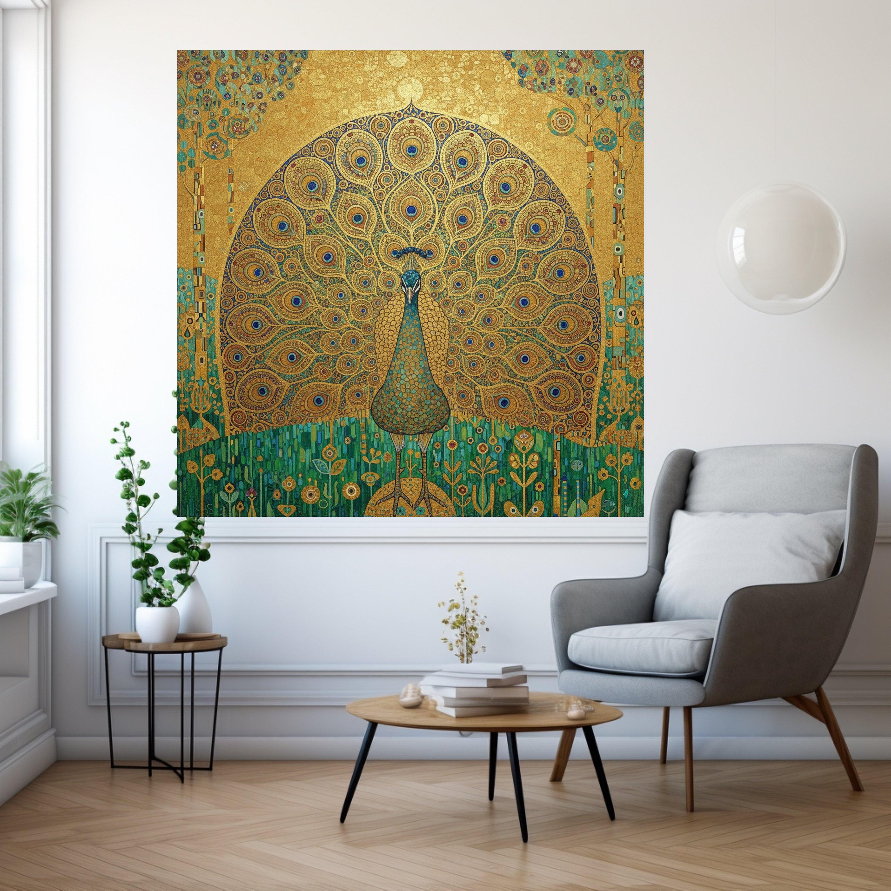 Golden Peacock Canvas Wall Art, Ornate Bird Illustration, Artistic Wildlife Decor, Decorative Nature Print, Elegant Home Wall Ready To Hang,