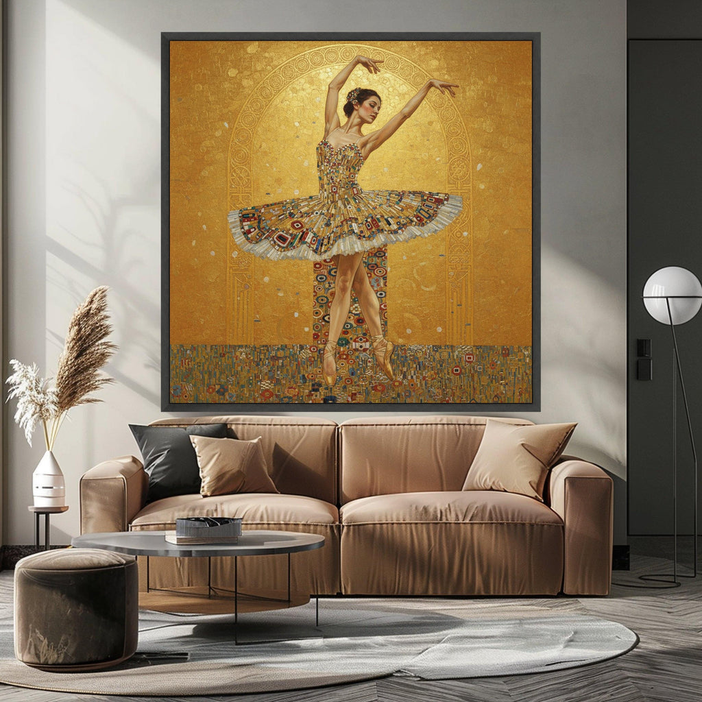 Elegant Ballet Dancer Canvas Wall Art, Golden Tutu Dance Print, Artistic Ballet Poster, Modern Dance Home Decor, Ready to Ready To Hang,