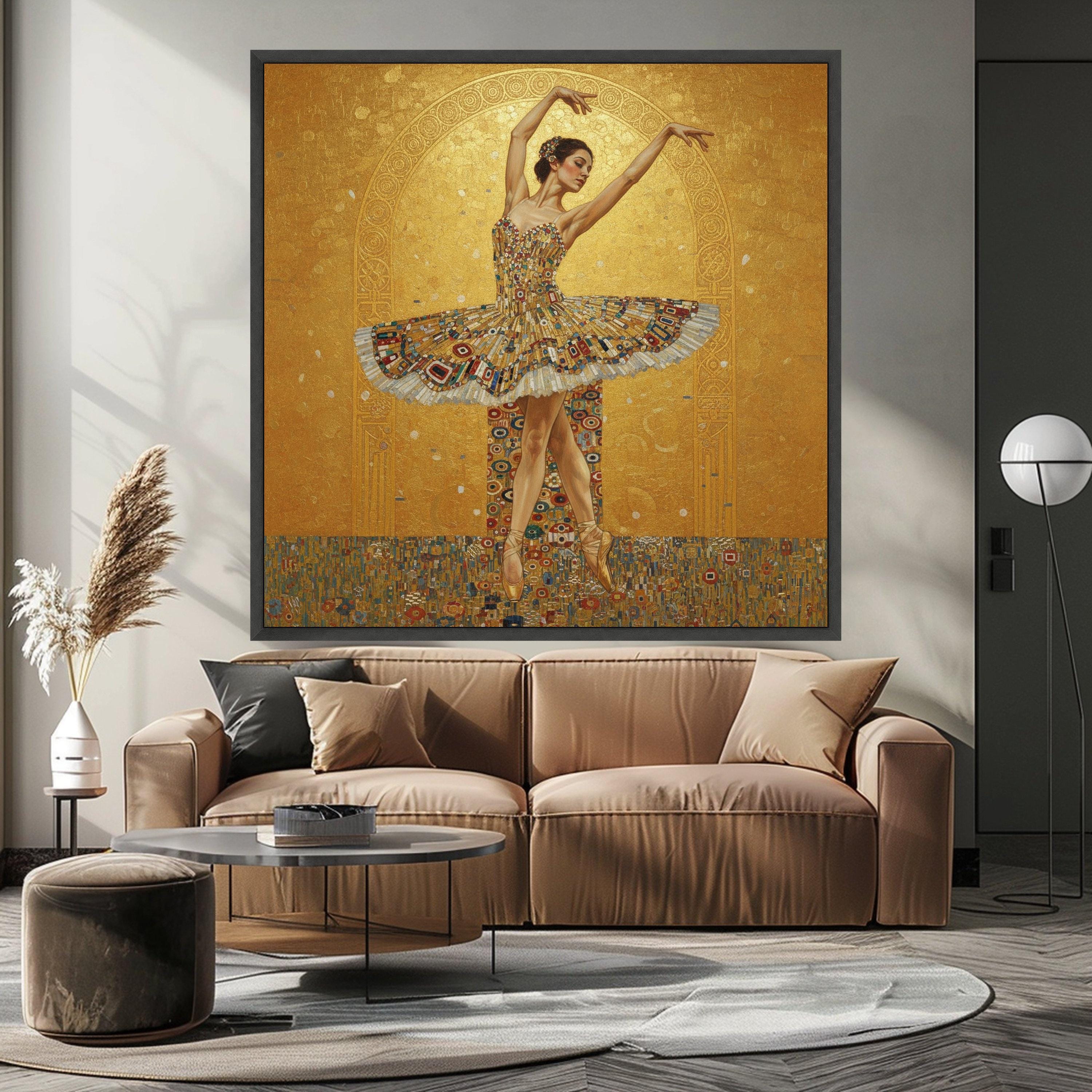 Elegant Ballet Dancer Canvas Wall Art, Golden Tutu Dance Print, Artistic Ballet Poster, Modern Dance Home Decor, Ready to Ready To Hang,