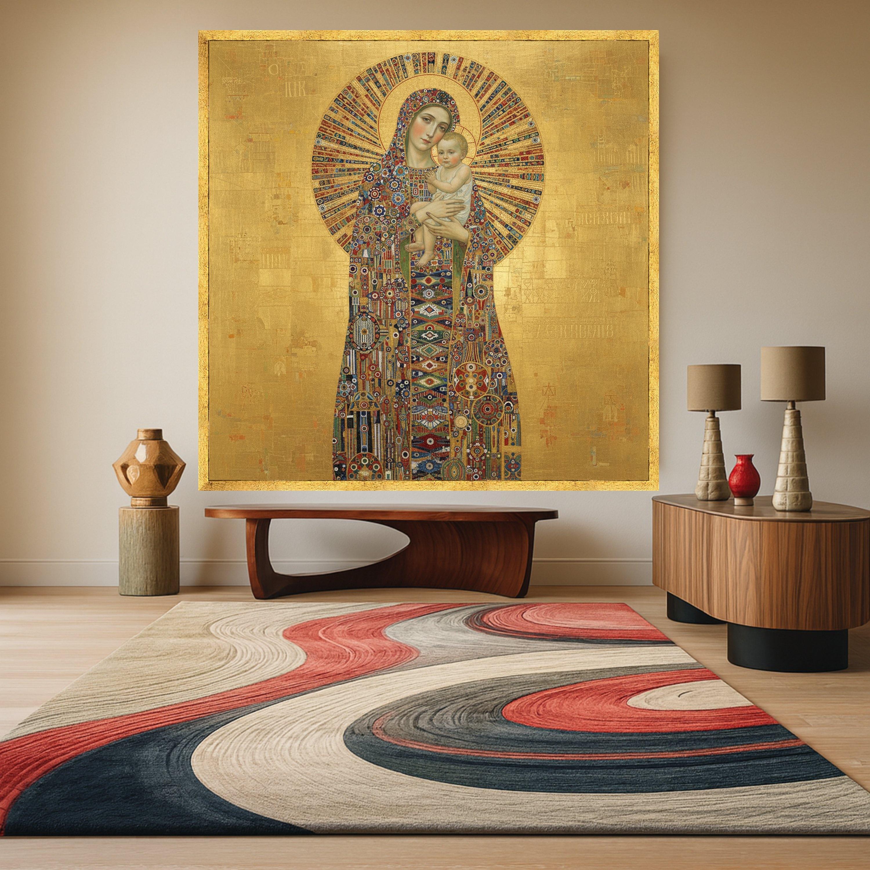 Madonna and Child Canvas, Religious Icon Wall Art, Byzantine Style Gold Decor, Spiritual Canvas Painting, Sacred Mother and Ready To Hang,