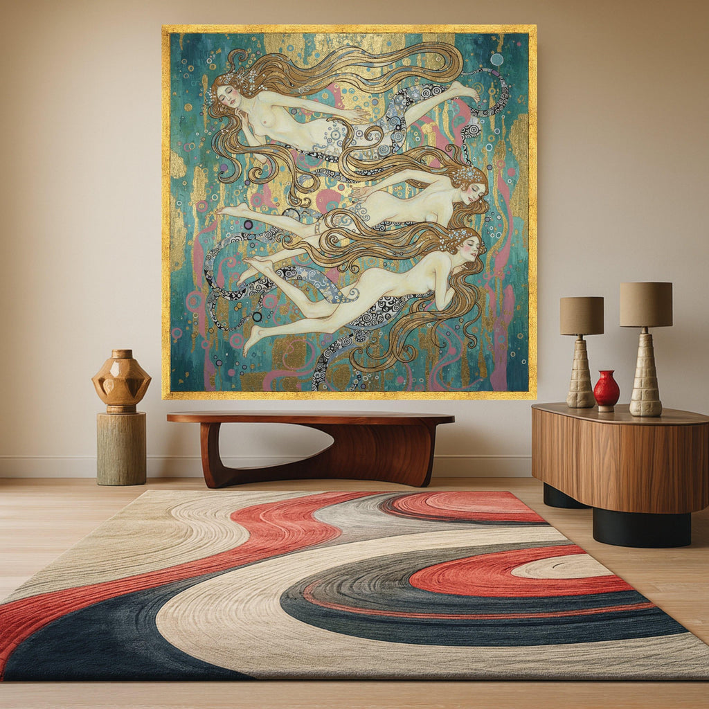 Art Nouveau Mermaids Canvas Wall Art, Decorative Sea Nymphs Painting, Elegant Ocean Fantasy, Gold Accent Home Decor, Nautical Ready To Hang,