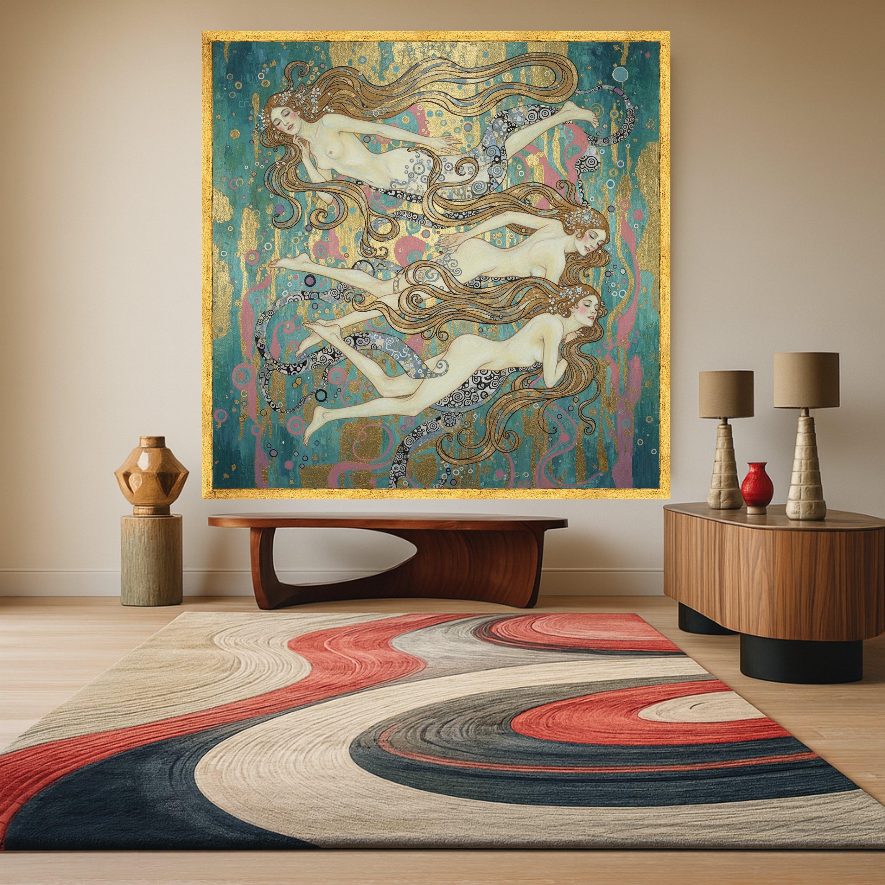 Art Nouveau Mermaids Canvas Wall Art, Decorative Sea Nymphs Painting, Elegant Ocean Fantasy, Gold Accent Home Decor, Nautical Ready To Hang,