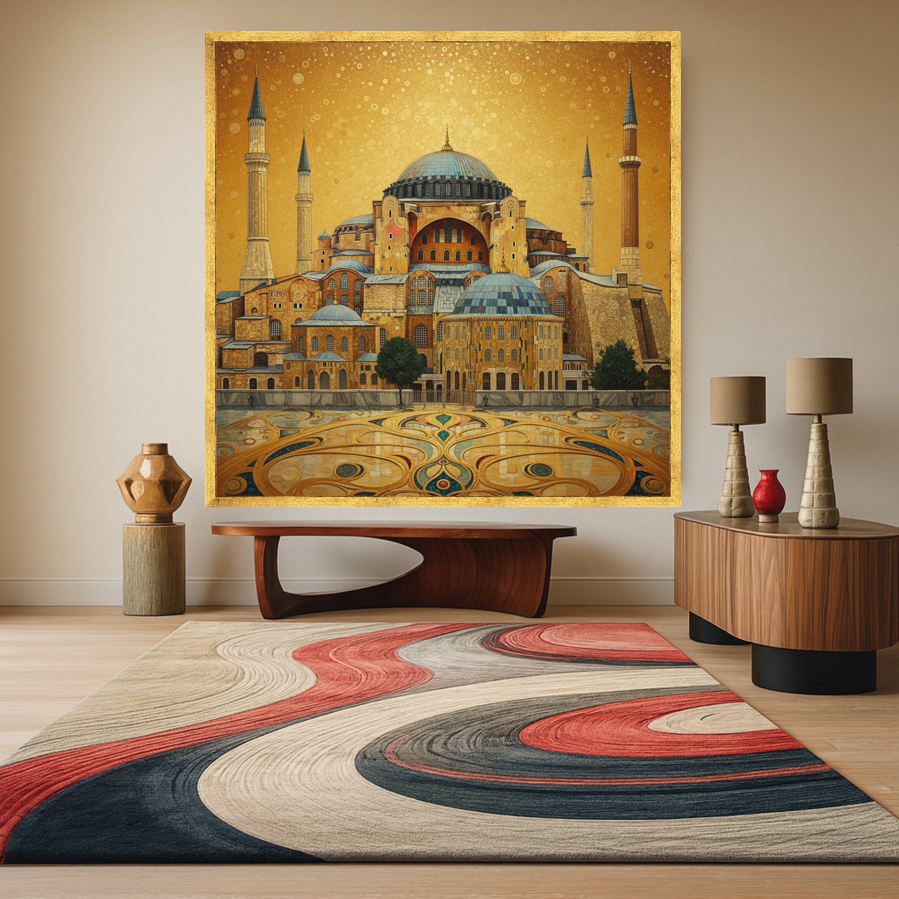 Golden Hagia Sophia Canvas Wall Art, Istanbul Architecture Painting, Historic Landmark Canvas, Middle Eastern Home Decor, Ready To Hang,