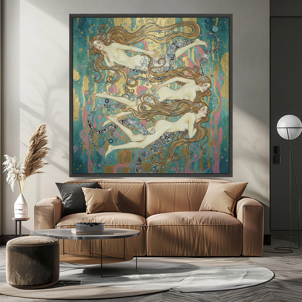 Art Nouveau Mermaids Canvas Wall Art, Decorative Sea Nymphs Painting, Elegant Ocean Fantasy, Gold Accent Home Decor, Nautical Ready To Hang,