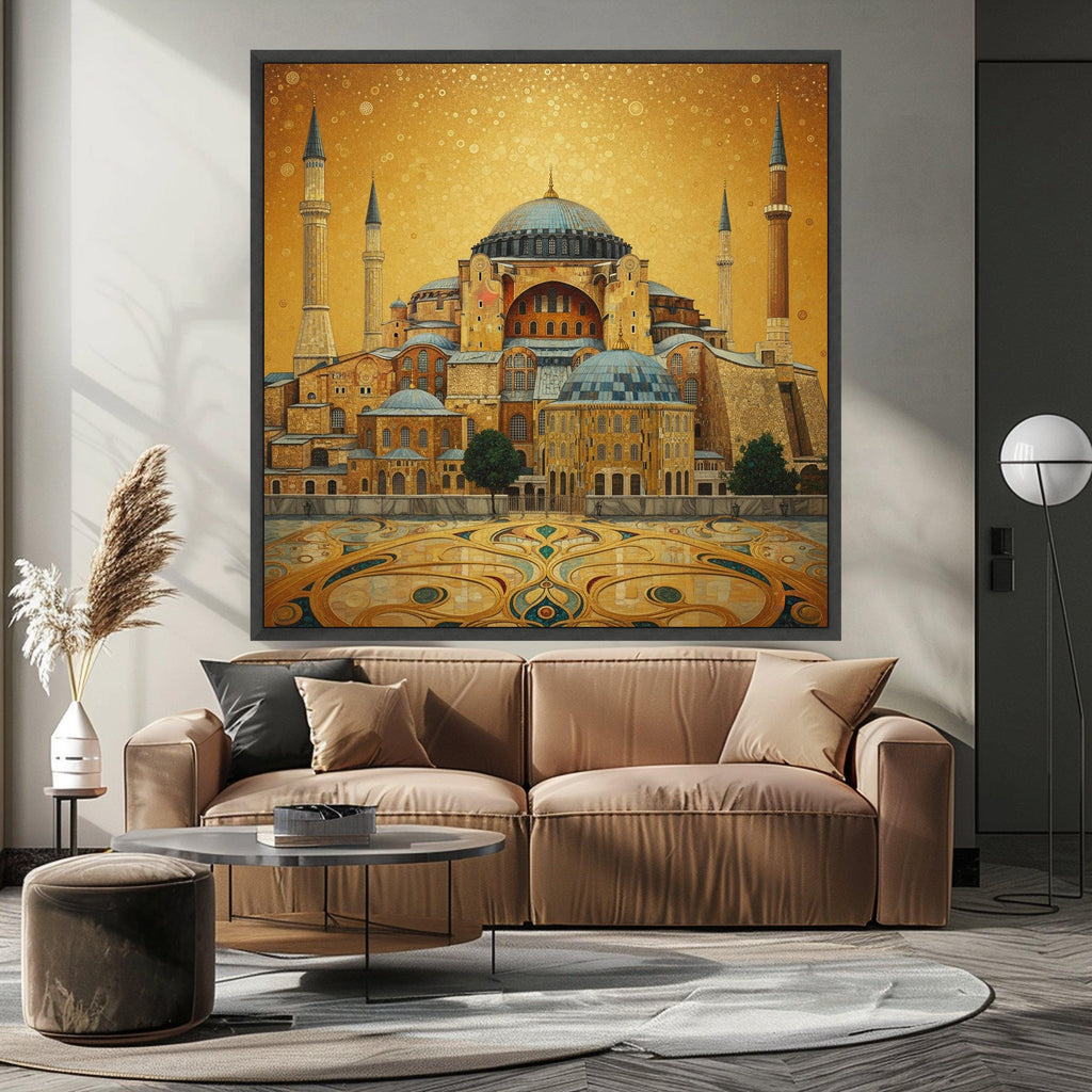 Golden Hagia Sophia Canvas Wall Art, Istanbul Architecture Painting, Historic Landmark Canvas, Middle Eastern Home Decor, Ready To Hang,