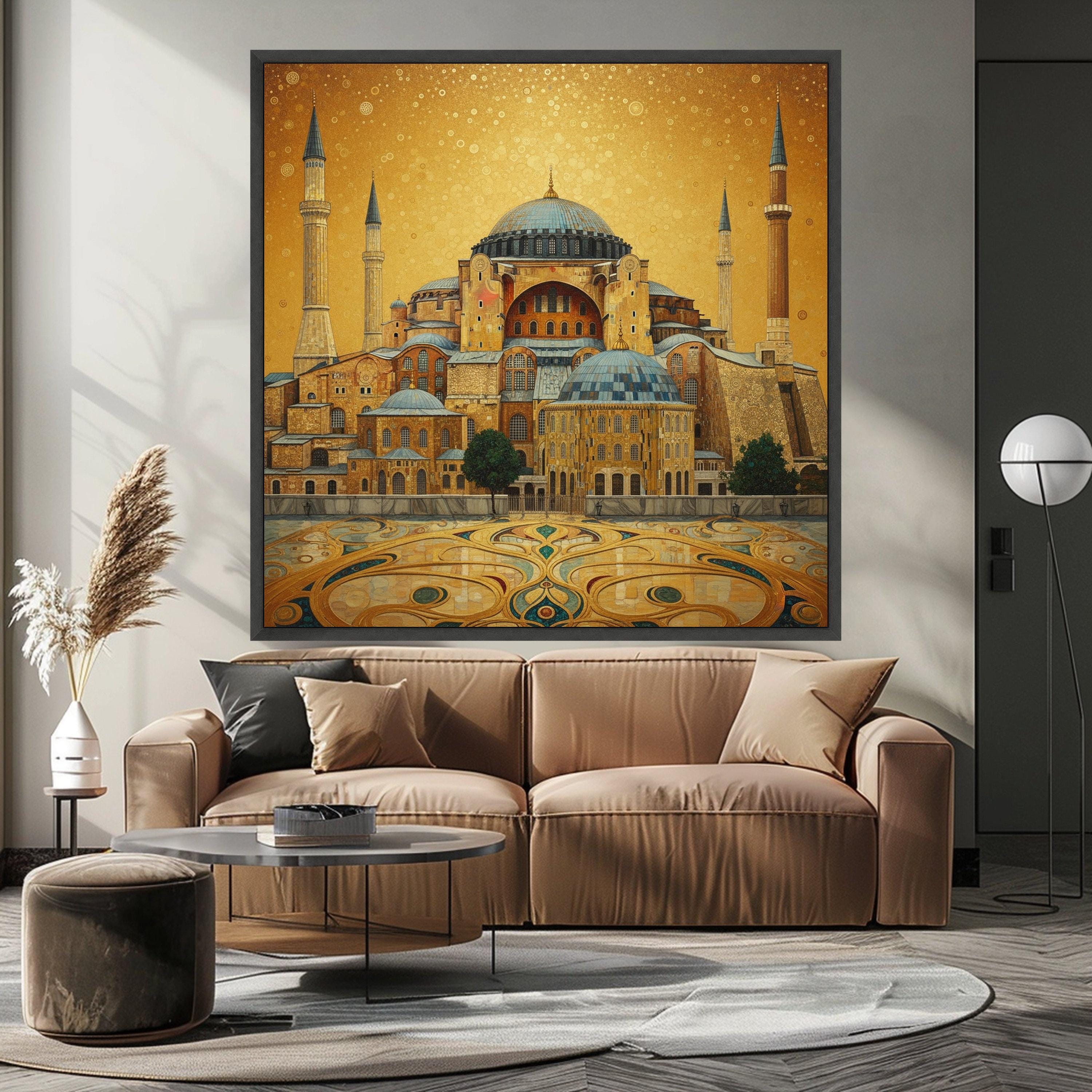 Golden Hagia Sophia Canvas Wall Art, Istanbul Architecture Painting, Historic Landmark Canvas, Middle Eastern Home Decor, Ready To Hang,