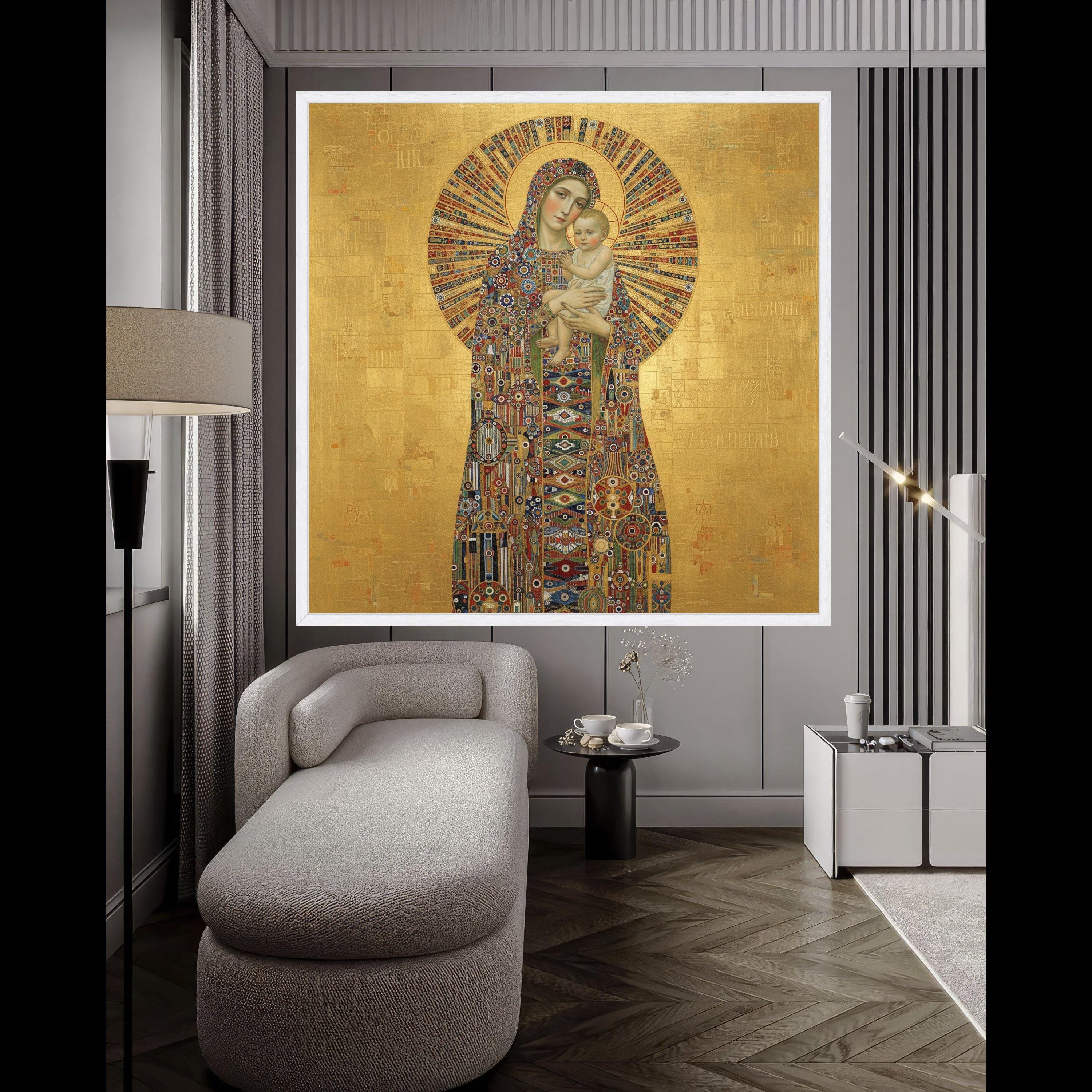 Madonna and Child Canvas, Religious Icon Wall Art, Byzantine Style Gold Decor, Spiritual Canvas Painting, Sacred Mother and Ready To Hang,