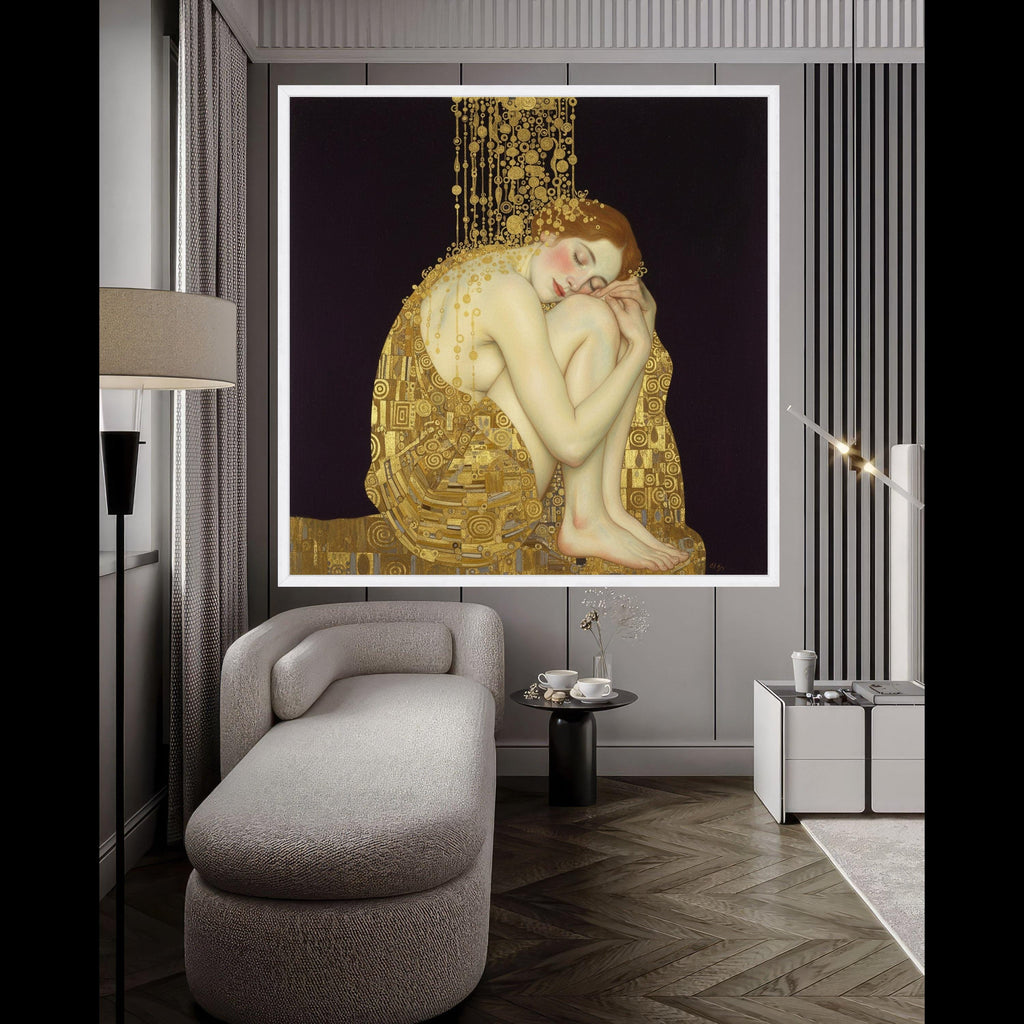 Elegant Sleeping Woman Canvas, Gold Accents Wall Art, Art Nouveau Style, Female Figure Painting, Home Decor Canvas, Modern Ready To Hang,