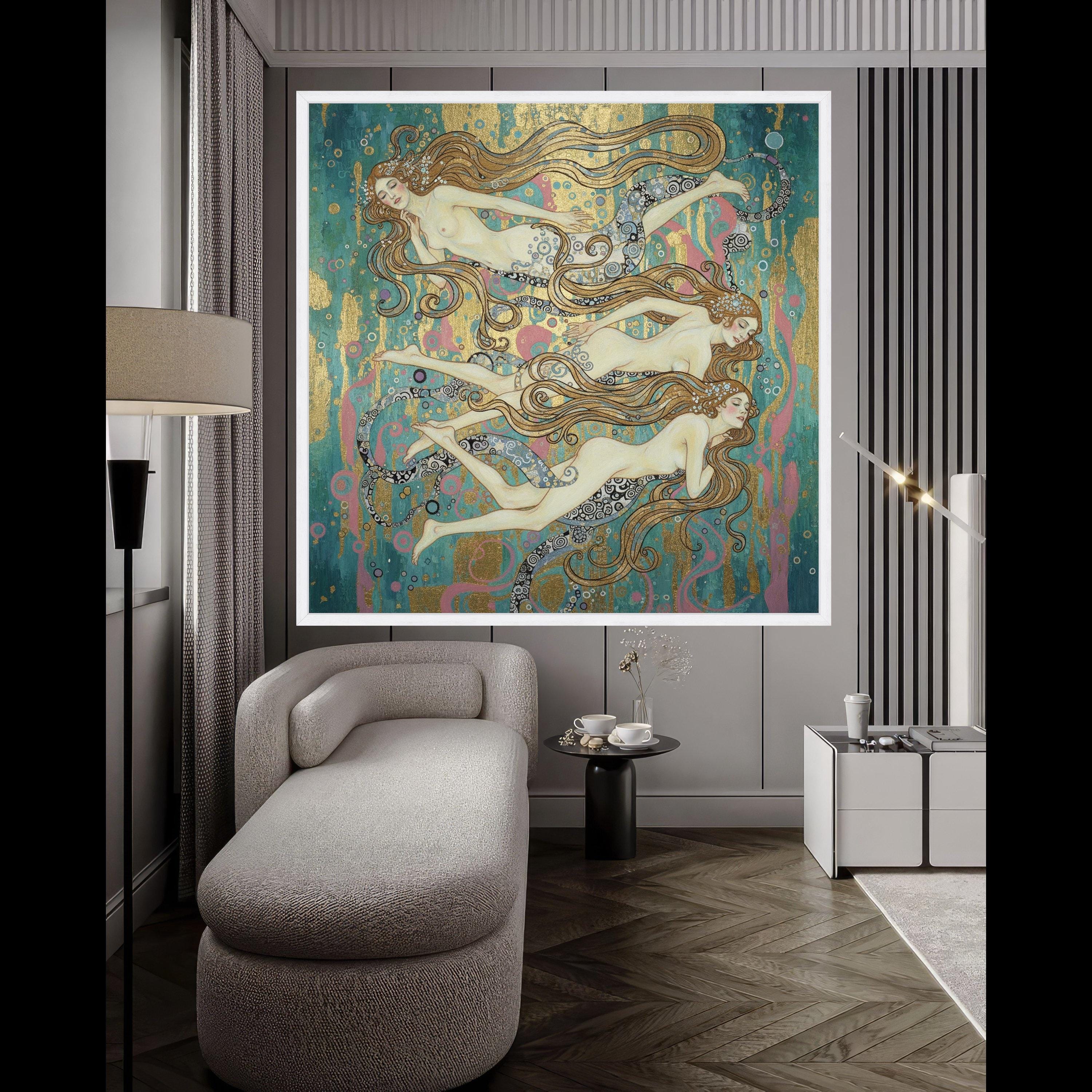 Art Nouveau Mermaids Canvas Wall Art, Decorative Sea Nymphs Painting, Elegant Ocean Fantasy, Gold Accent Home Decor, Nautical Ready To Hang,