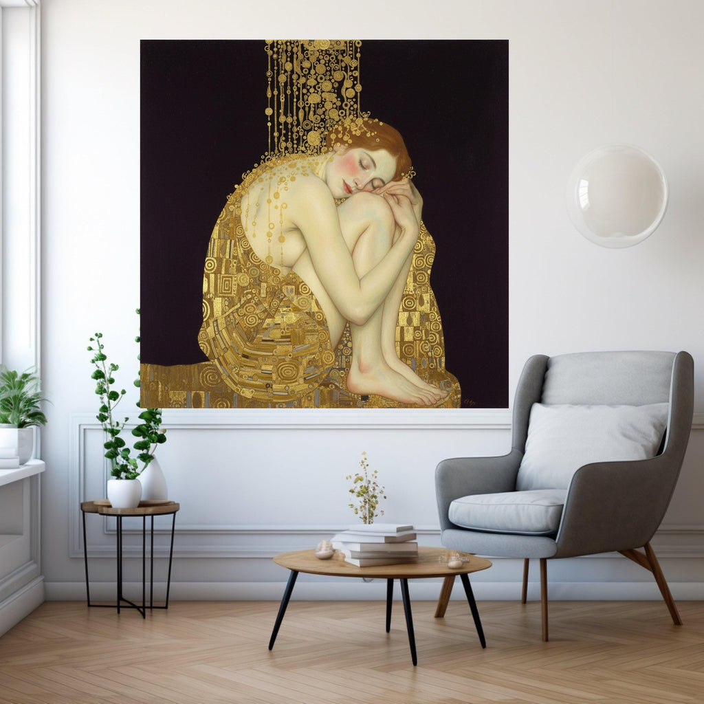 Elegant Sleeping Woman Canvas, Gold Accents Wall Art, Art Nouveau Style, Female Figure Painting, Home Decor Canvas, Modern Ready To Hang,