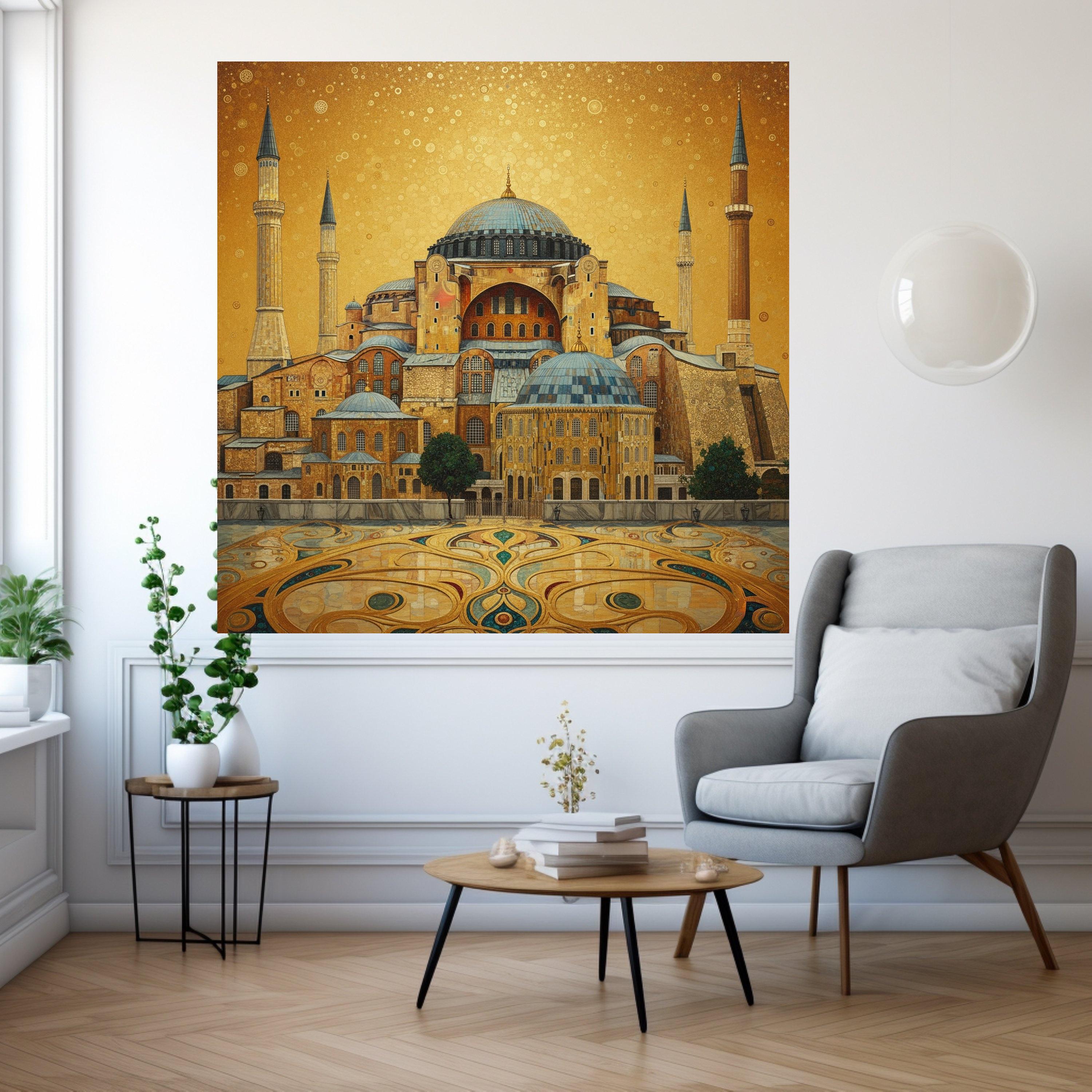 Golden Hagia Sophia Canvas Wall Art, Istanbul Architecture Painting, Historic Landmark Canvas, Middle Eastern Home Decor, Ready To Hang,