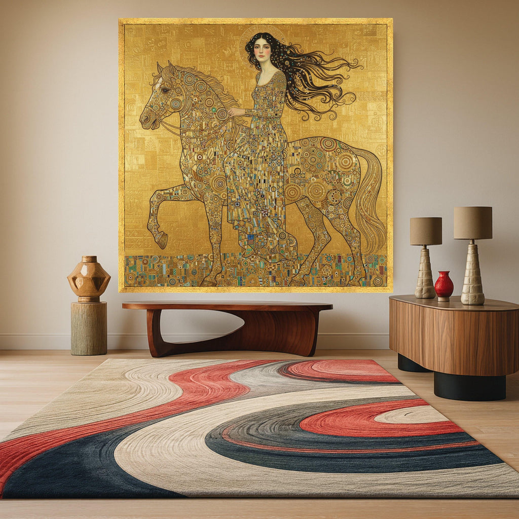 Elegant Woman on Horse Canvas, Gold Mosaic Art, Decorative Wall Art, Gustav Klimt Inspired, Ready to Hang Canvas Wall Decor Ready To Hang,