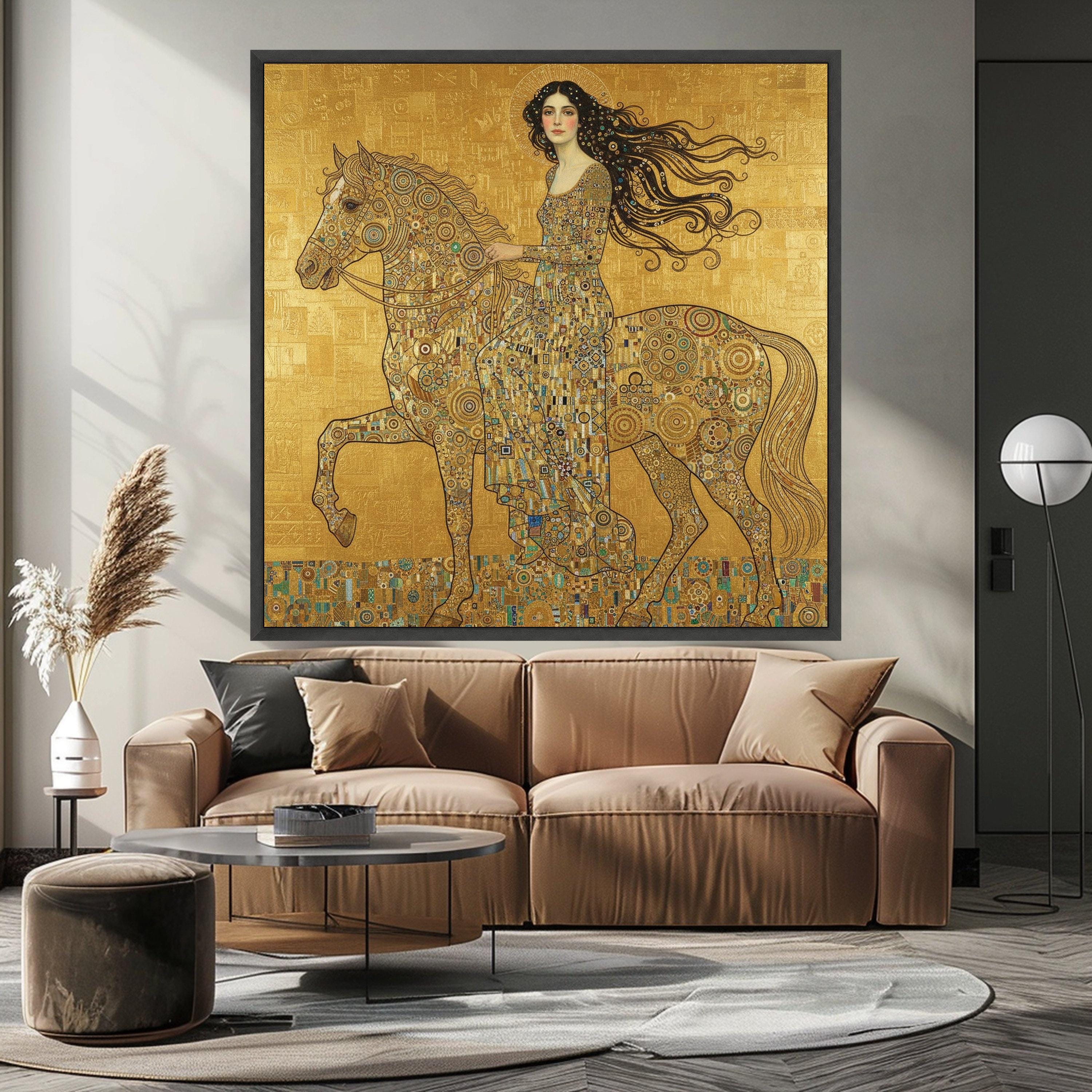 Elegant Woman on Horse Canvas, Gold Mosaic Art, Decorative Wall Art, Gustav Klimt Inspired, Ready to Hang Canvas Wall Decor Ready To Hang,