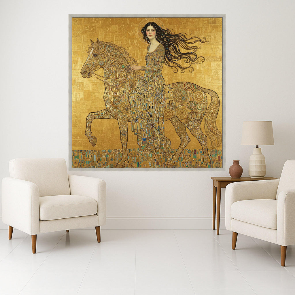 Elegant Woman on Horse Canvas, Gold Mosaic Art, Decorative Wall Art, Gustav Klimt Inspired, Ready to Hang Canvas Wall Decor Ready To Hang,