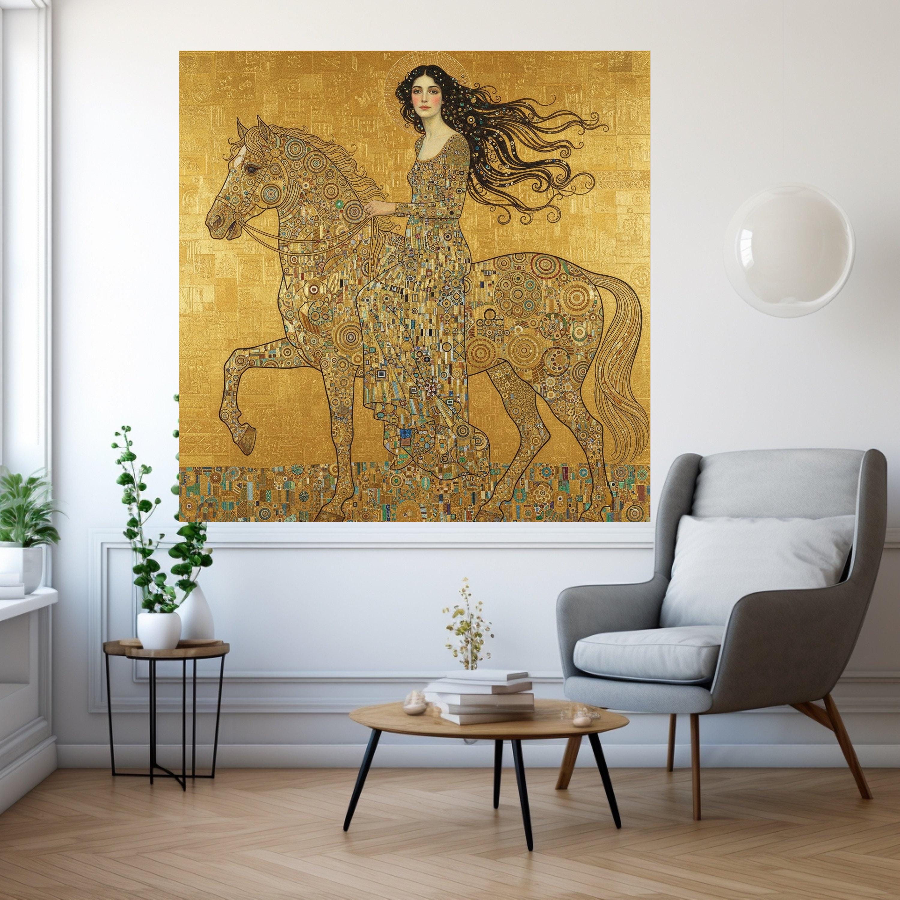 Elegant Woman on Horse Canvas, Gold Mosaic Art, Decorative Wall Art, Gustav Klimt Inspired, Ready to Hang Canvas Wall Decor Ready To Hang,